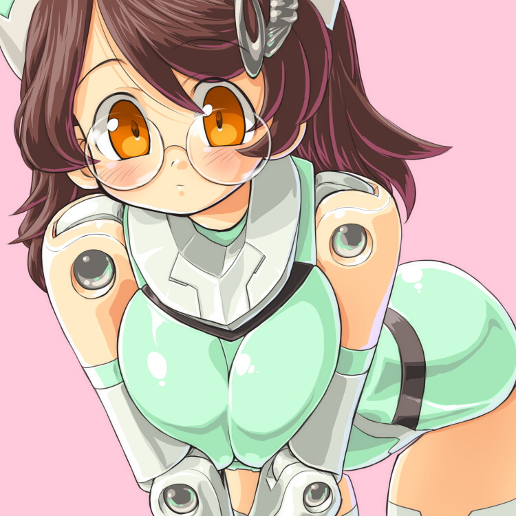 dd (ijigendd), bright feather (busou shinki), busou shinki, bad id, bad pixiv id, 10s, 1girl, bare shoulders, bent over, blush, breasts, breasts squeezed together, brightfeather, brown eyes, brown hair, cowboy shot, doll joints, female focus, glasses, hair ornament, halterneck, hat, huge breasts, joints, large breasts, leotard, long hair, looking at viewer, nurse, nurse cap, orange eyes, parted bangs, pink background, rimless eyewear, simple background, solo, thighhighs, v arms