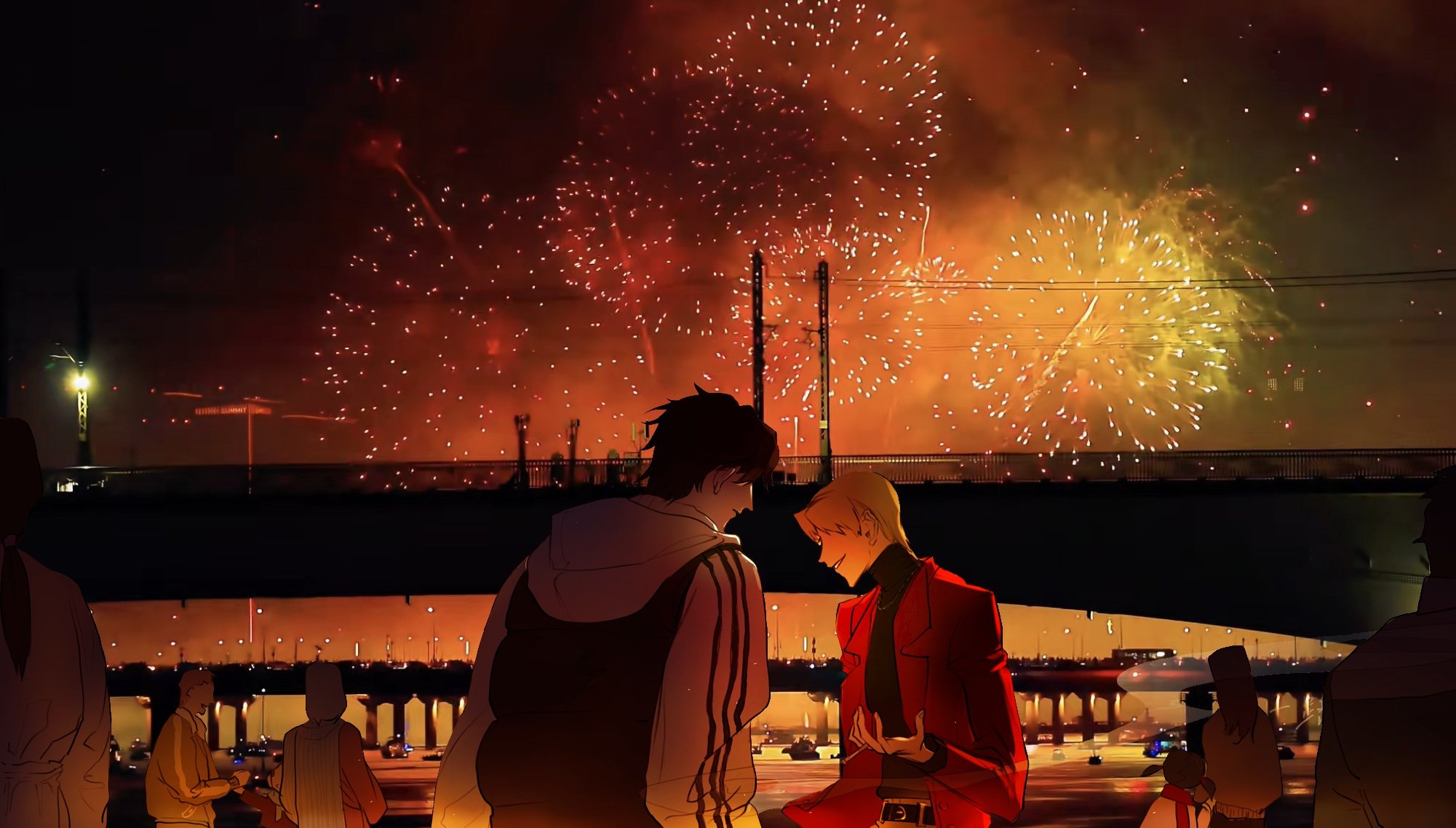 yoo joonghyuk, omniscient reader's viewpoint, commentary, english commentary, highres, 2boys, 6+others, black hair, black shirt, blonde hair, bridge, cheon inho, coat, cowboy shot, crew neck, facing another, fireworks, glowing, hood, hood down, hoodie, light particles, multiple boys, multiple others, nicayuko, night, outdoors, people, power lines, red coat, reflection, reflective water, river, shirt, short hair, skyline, striped clothes, striped hoodie, utility pole