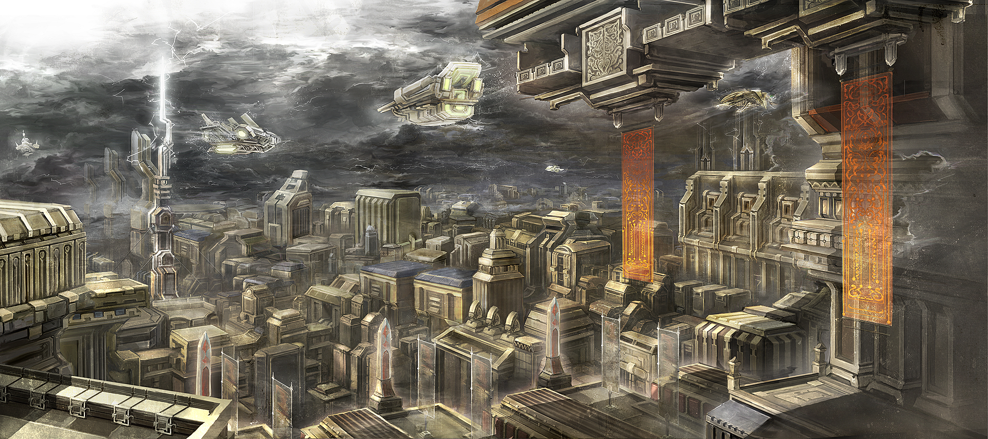 taron (tatataron), bad id, bad pixiv id, highres, banner, building, city, cityscape, electricity, flying, lightning, obelisk, scenery, ship, sky, spacecraft, watercraft