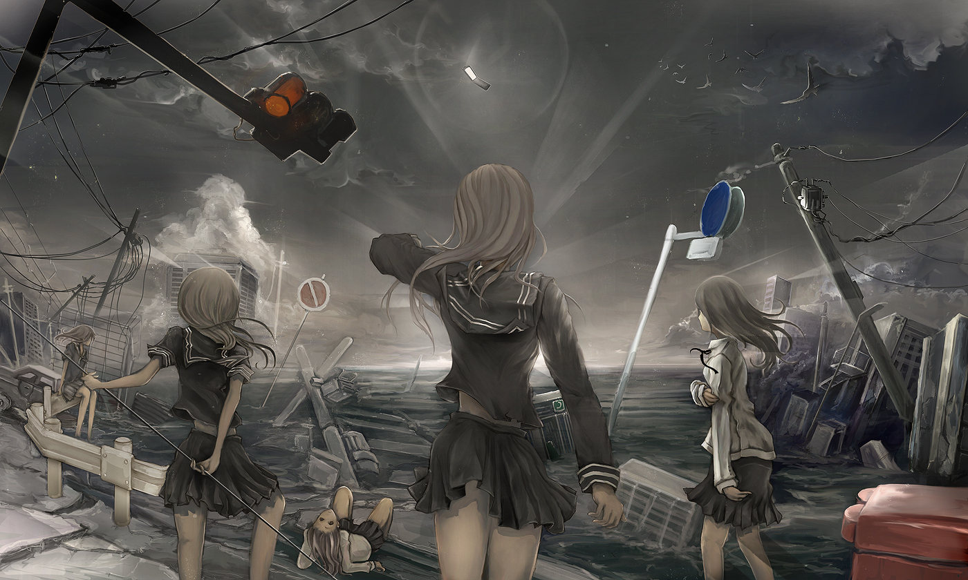 taron (tatataron), bad id, bad pixiv id, 5girls, brown hair, building, cellphone, city, destruction, lying, multiple girls, phone, road sign, ruins, scenery, school uniform, sign