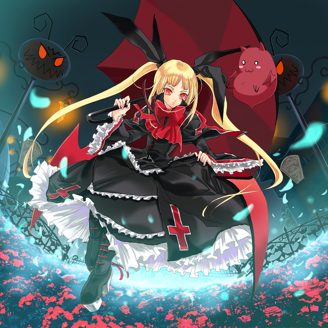 luckycharm, gii, rachel alucard, arc system works, blazblue, platform footwear, bad id, bad pixiv id, 1girl, blonde hair, bow, cat, female focus, gothic lolita, lolita fashion, long hair, red bow, red eyes, solo, very long hair
