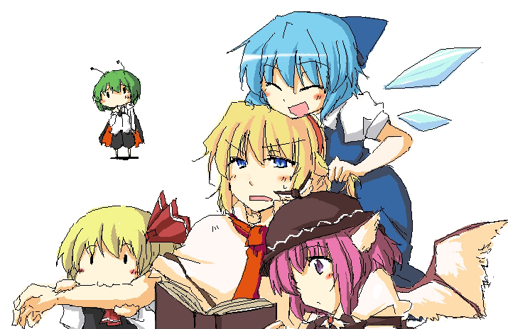 lysander z, alice margatroid, cirno, mystia lorelei, rumia, wriggle nightbug, touhou, 5girls, :3, animal ears, antennae, blonde hair, blue eyes, blue hair, book, bow, cape, dress, female focus, green hair, hair bow, hair ribbon, hairband, hat, multiple girls, pink hair, red eyes, ribbon, short hair, simple background, team 9 (touhou), upper body, white background, wings