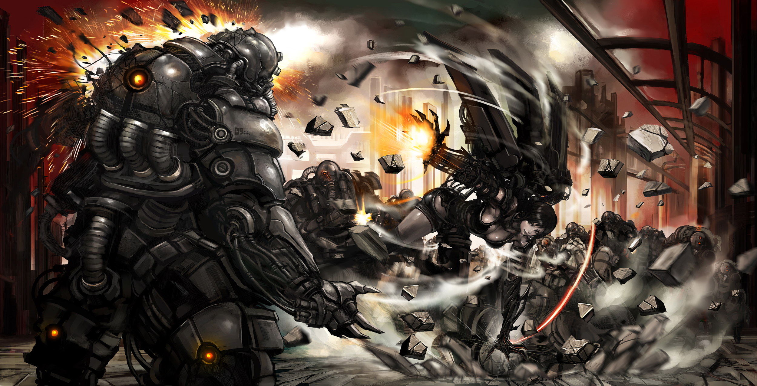 komatsuzaki rui, bad id, bad pixiv id, highres, angel, armor, battle, bionic, bionics, black eyes, black hair, wings