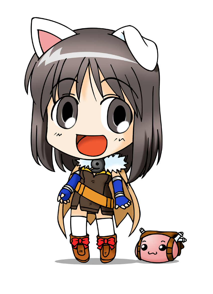 nagisuke, alchemist (ragnarok online), kasuga ayumu, poring, azumanga daiou, ragnarok online, commentary request, 1girl, 2000s (style), :3, :d, alchemist (ragnarok online) (cosplay), animal ears, blue gloves, boots, brown boots, brown cape, brown dress, cape, cat ears, cat girl, chibi, chibi only, cosplay, dress, elbow gloves, fingerless gloves, full body, fur collar, gloves, grey eyes, grey hair, looking at viewer, medium hair, open mouth, simple background, slime (creature), smile, solo, standing, thighhighs, white background, white thighhighs