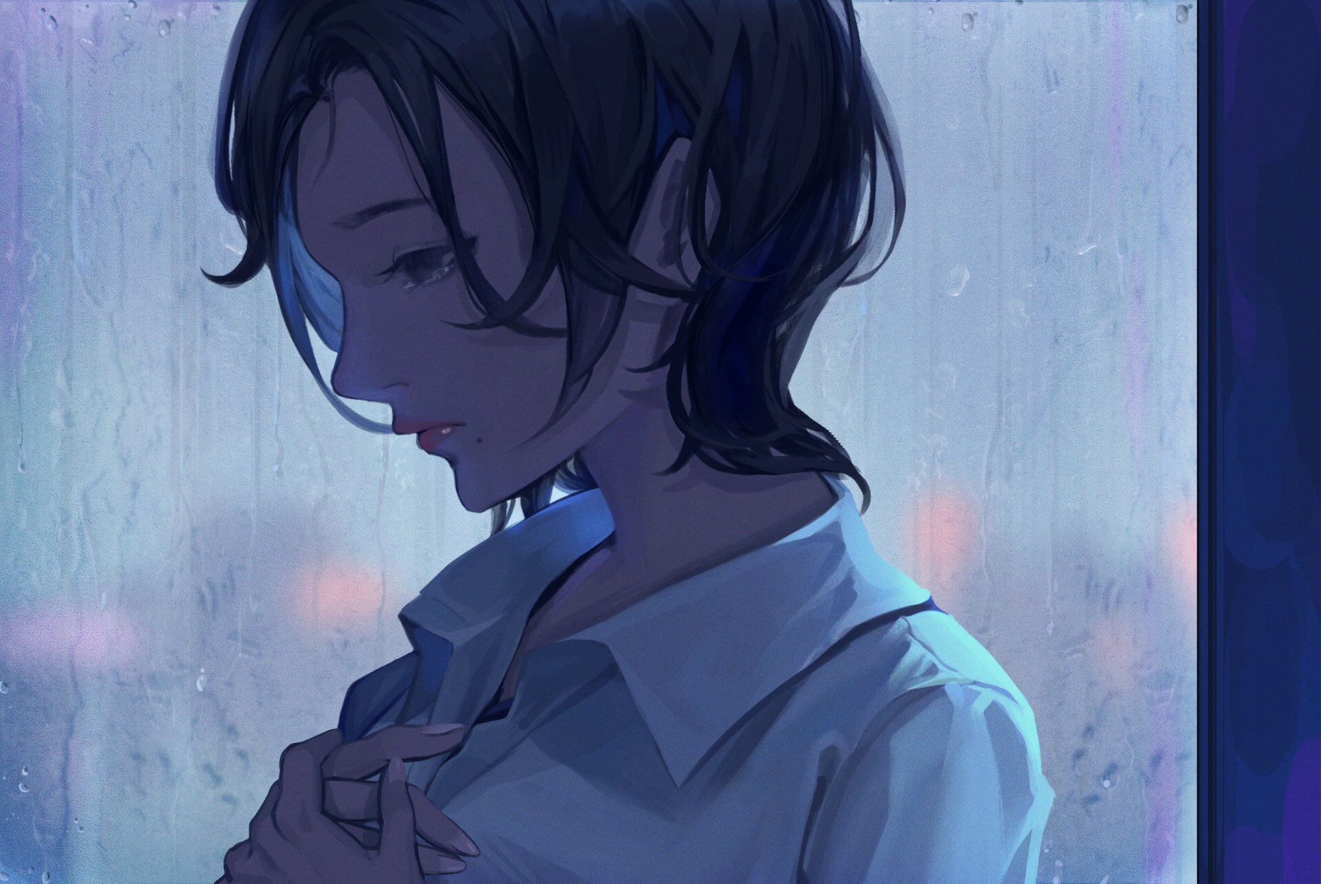 doloyume, original, commentary, highres, 1girl, black hair, closed mouth, collared shirt, colored inner hair, grey eyes, grey sky, indoors, lipstick, makeup, mole, mole under mouth, multicolored hair, own hands together, pink lips, portrait, profile, rain, sad, shirt, short hair, sky, solo, tearing up, white shirt, window