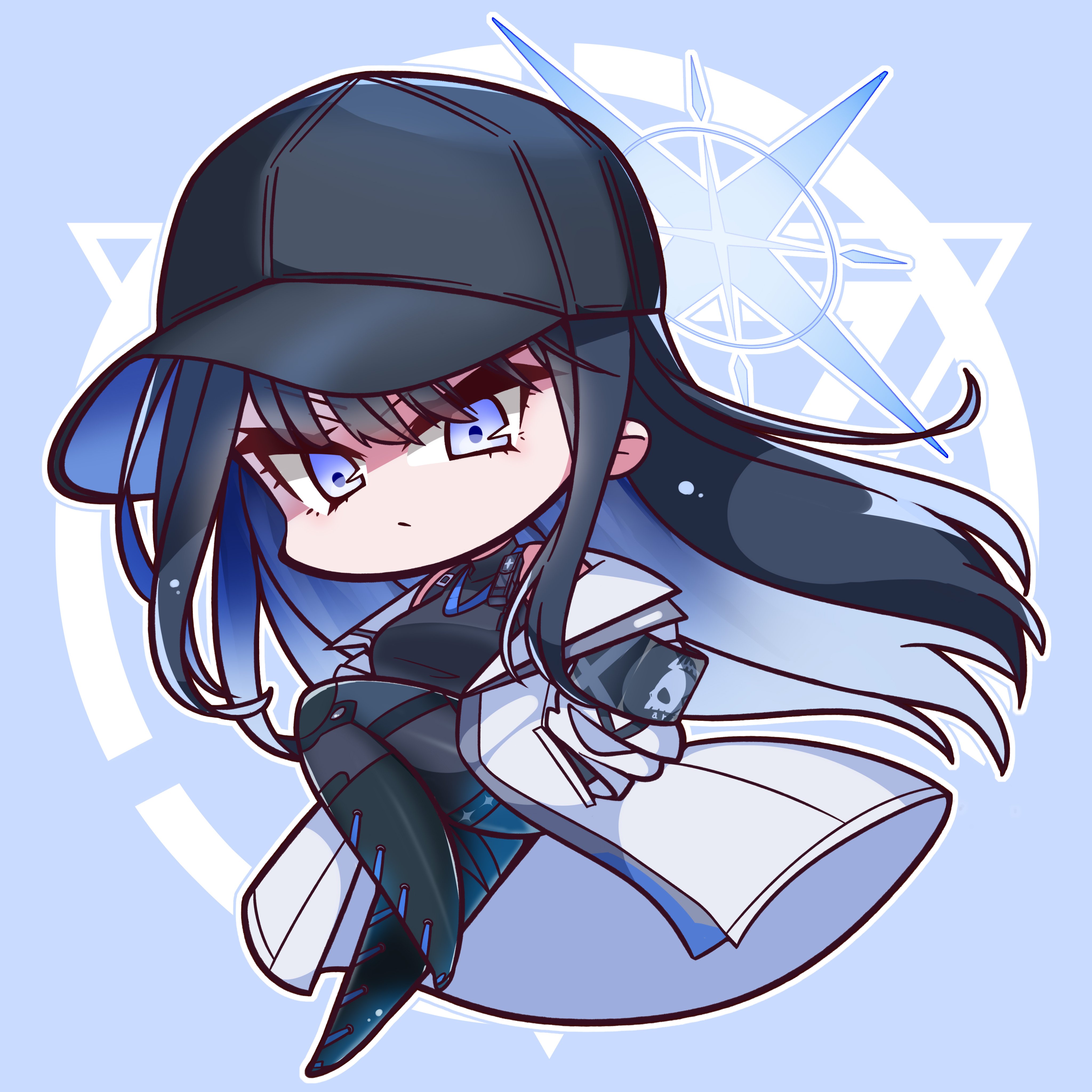 saori (blue archive), blue archive, absurdres, commentary request, highres, 1girl, baseball cap, black boots, black hair, black hat, black shirt, blue eyes, blue hair, blue halo, boots, chibi, chibi only, closed mouth, colored inner hair, expressionless, eyelashes, eyes visible through hair, floating hair, full body, hair between eyes, halo, hand in pocket, hat, jacket, long hair, looking at viewer, multicolored hair, nckak9rjjdjff4e, open clothes, open jacket, outline, shirt, sidelocks, simple background, sleeveless, sleeveless shirt, solo, straight hair, tsurime, two-tone hair, very long hair, white jacket, white outline