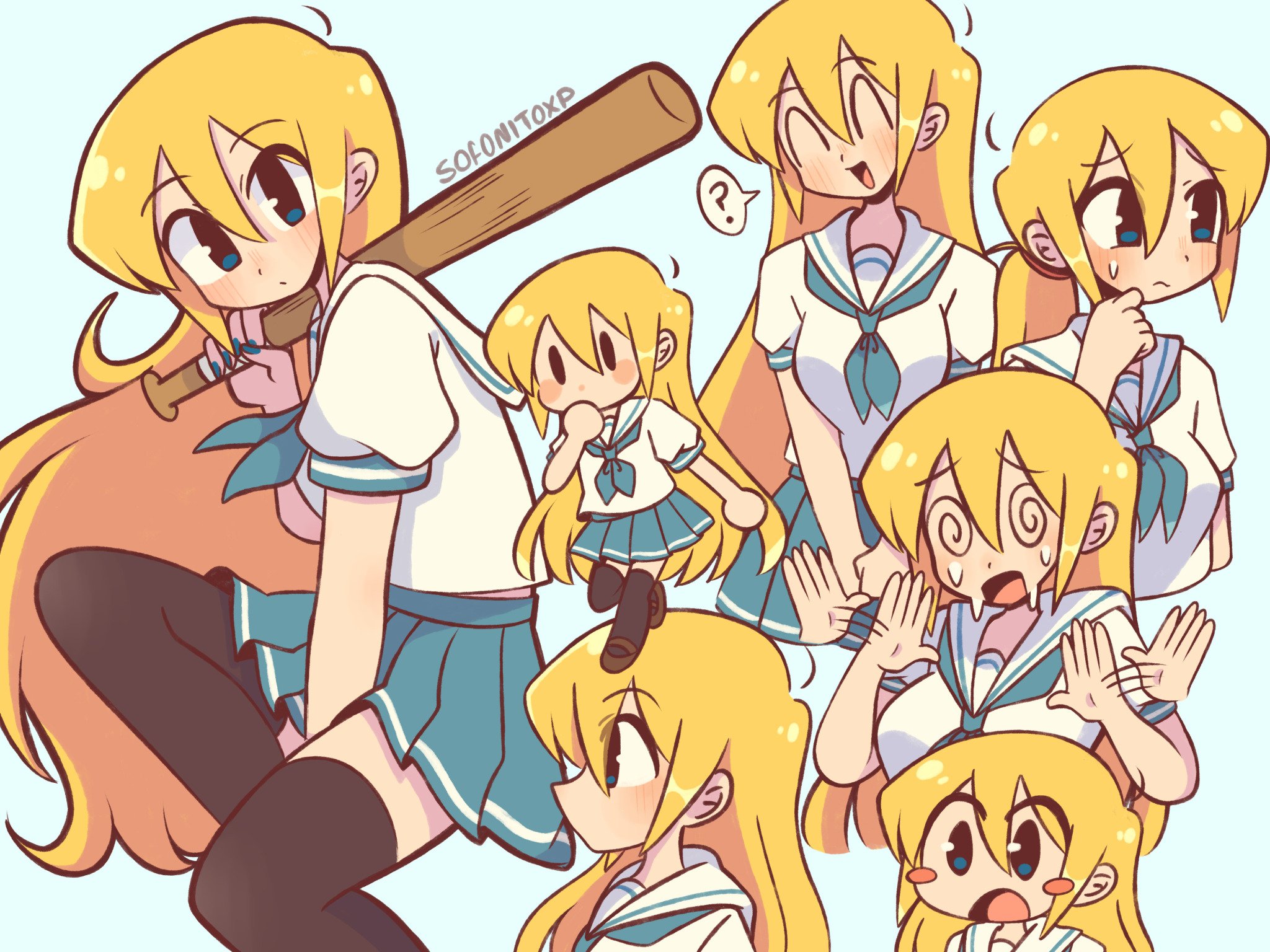 sofo soup, original, highres, 1girl, ?, @ @, baseball bat, black thighhighs, blonde hair, blue eyes, blue nails, blue neckerchief, blue skirt, blush, blush stickers, breasts, chibi, closed mouth, holding, holding baseball bat, long hair, looking at viewer, medium breasts, neckerchief, open mouth, pleated skirt, school uniform, short sleeves, skirt, smile, solo, speech bubble, spoken question mark, sweat, thighhighs