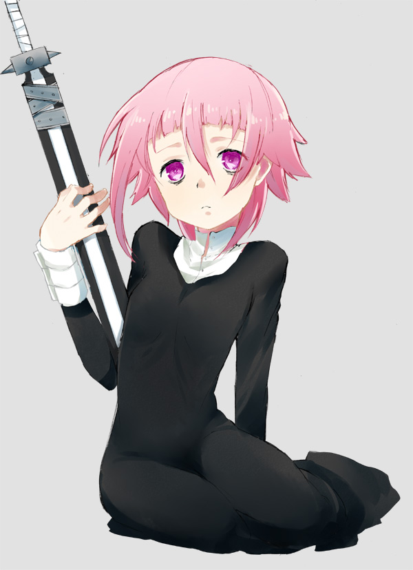 ecocube, eka eri, crona (soul eater), ragnarok (soul eater), soul eater, bad id, bad pixiv id, 00s, 1girl, androgynous, female focus, pink eyes, pink hair, short hair, sitting, solo, sword, weapon