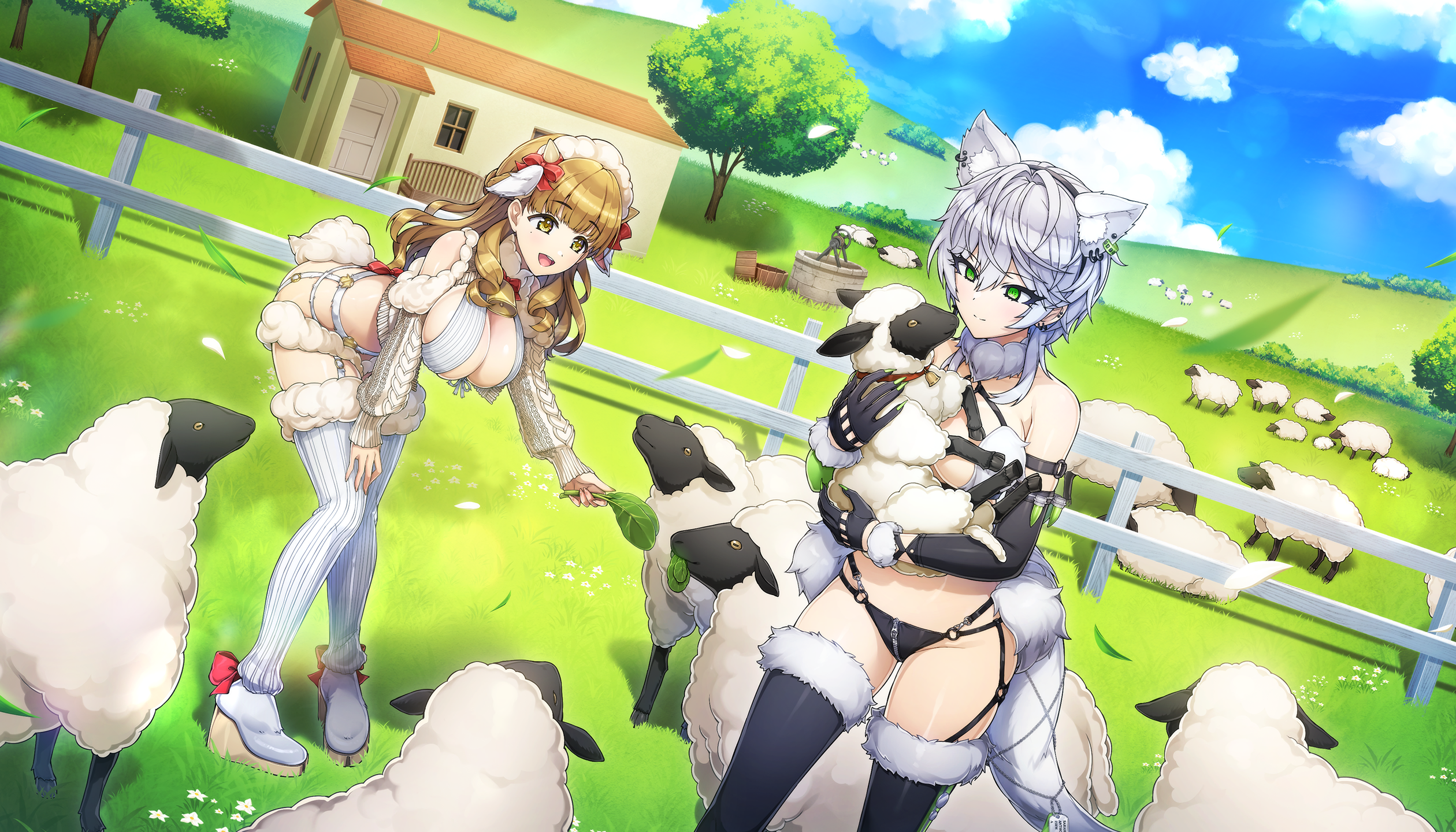 ootomo takuji, ayato utae, sarah anthony, dolphin wave, game cg, highres, non-web source, official art, 2girls, animal ears, barn, bell, blonde hair, blue sky, boots, breasts, cleavage, closed mouth, day, drill hair, fake animal ears, fake claws, fake tail, farm, feeding animal, fence, fur trim, grass, green eyes, grey hair, large breasts, looking at viewer, multiple girls, navel, neck bell, o-ring, o-ring top, open mouth, rural, sheep, sheep ears, short hair, sitting, skindentation, sky, sweater, tail, thigh boots, thighhighs, transparent background, tree, turtleneck, turtleneck sweater, wariza, white thighhighs, wooden fence, yellow eyes