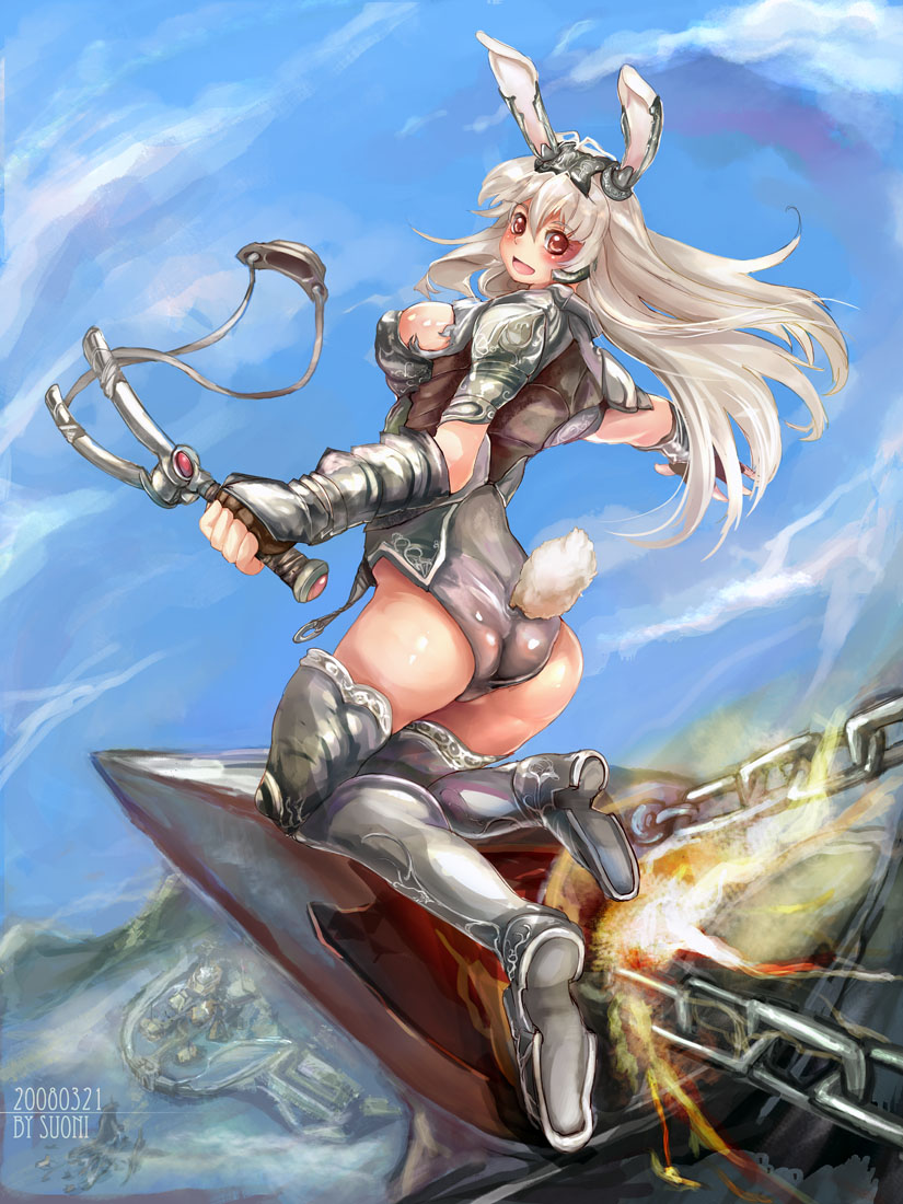 suoni (deeperocean), original, silver hair, 1girl, animal ears, armor, ass, blush, breasts, female focus, gauntlets, greaves, large breasts, long hair, looking back, rabbit ears, rabbit tail, red eyes, slingshot (weapon), solo, tail