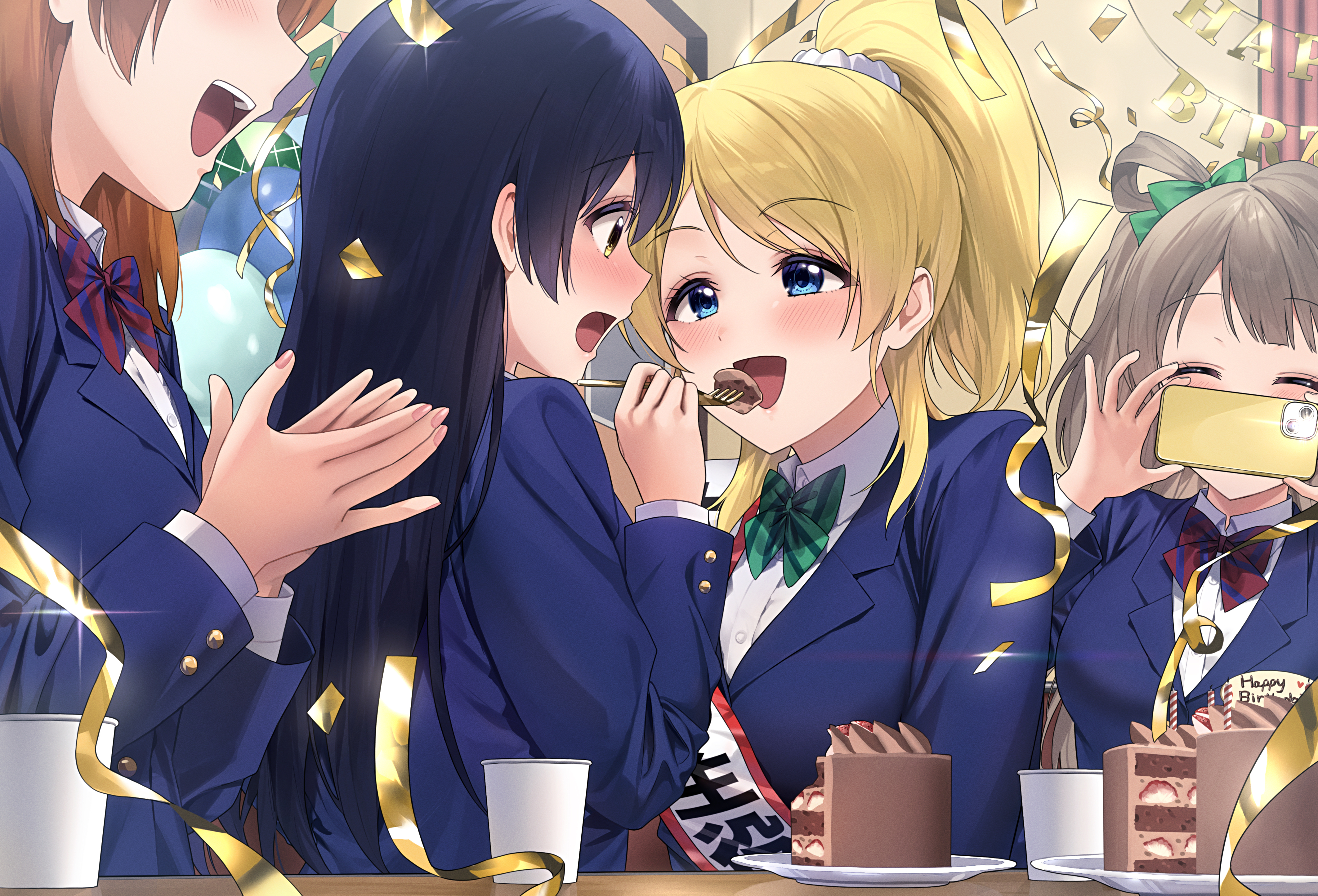 nanatsu no umi, ayase eli, minami kotori, sonoda umi, love live!, love live! school idol project, absurdres, character request, commentary request, highres, 4girls, ^ ^, birthday, birthday cake, black hair, blazer, blonde hair, blue eyes, blue jacket, blush, bow, bowtie, breasts, brown hair, cake, cake slice, closed eyes, collared shirt, confetti, cup, diagonal-striped bow, diagonal-striped bowtie, diagonal-striped clothes, disposable cup, eye contact, feeding, food, fork, glint, green bow, green bowtie, grey hair, hair bow, hair ornament, hair scrunchie, hand up, happy birthday, high ponytail, holding, holding fork, holding phone, jacket, long hair, looking at another, medium hair, multiple girls, open mouth, otonokizaka school uniform, parted bangs, phone, plate, ponytail, school uniform, scrunchie, shirt, sideways mouth, small breasts, straight hair, striped bow, striped bowtie, striped clothes, taking picture, triangle mouth, white scrunchie, white shirt, wing collar, winter uniform, yellow eyes