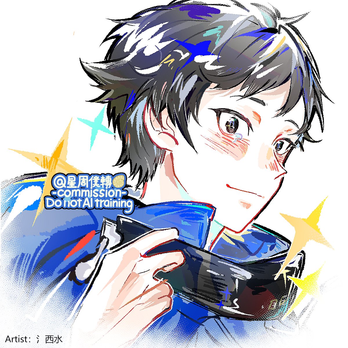 amasawa keisuke, digimon, digimon story: cyber sleuth, digimon story: cyber sleuth – hacker's memory, artist request, commission, highres, second-party source, 1boy, black eyes, black hair, eyewear around neck, male focus, short hair, simple background, single tear, solo, sparkle, upper body, white background