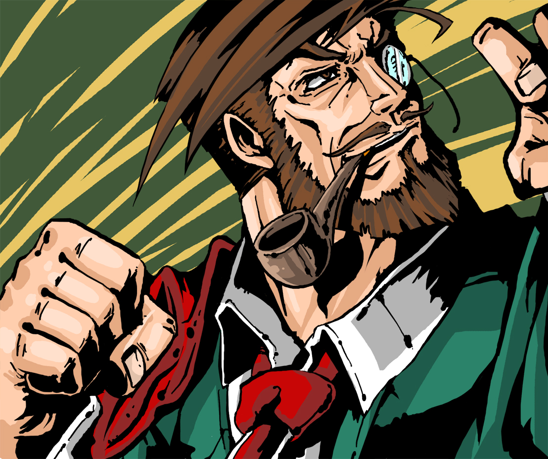 suparu (detteiu), slayer (guilty gear), arc system works, guilty gear, guilty gear xx, 1boy, beard, brown eyes, brown hair, clenched hand, facial hair, male focus, manly, monocle, monocle chain, mustache, necktie, smile, smoking pipe, solo