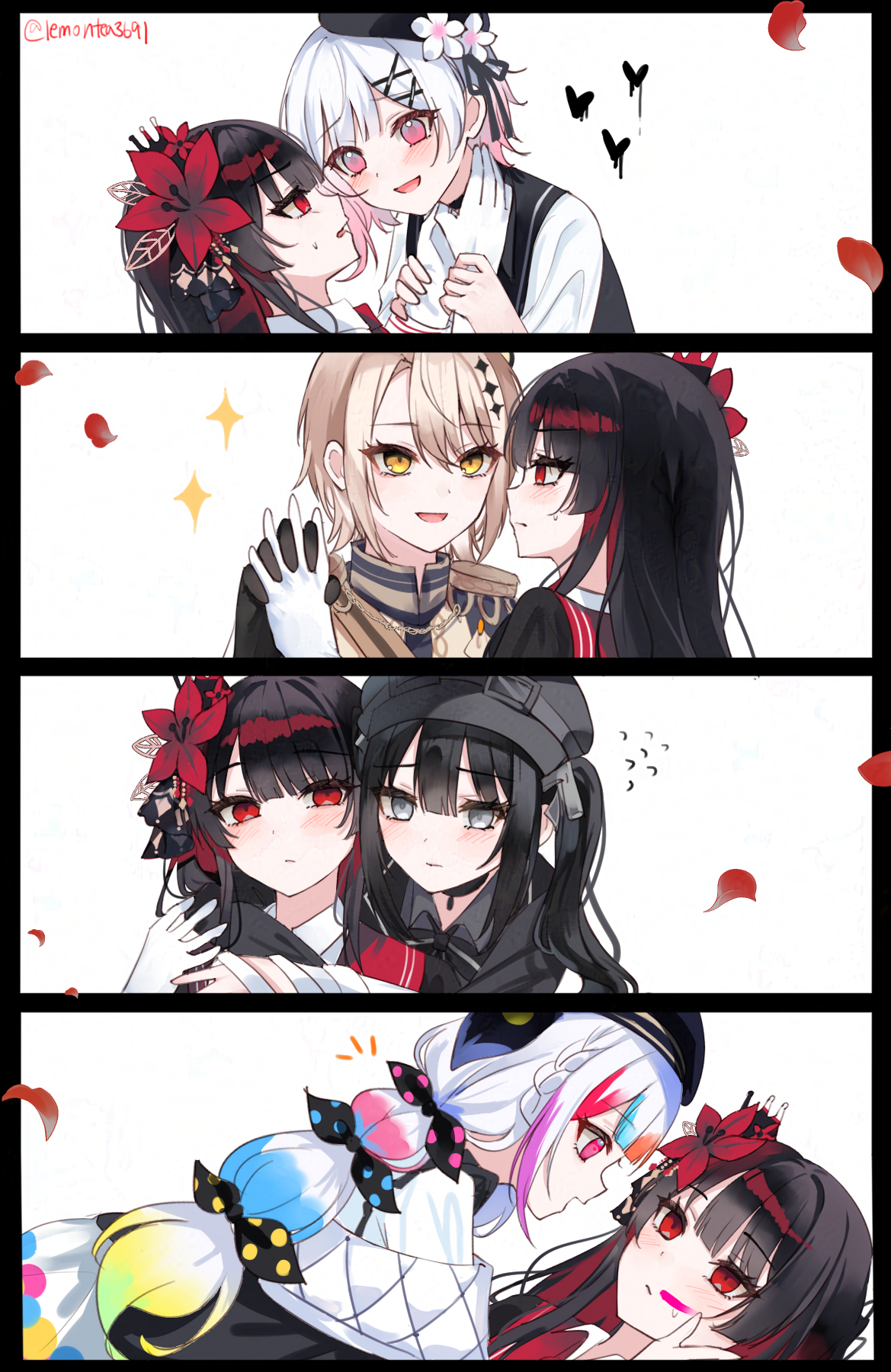 lemon t, hasumi leia, jogasaki noah, nikaido hiro, sakuraba ema, mahou shoujo no majo saiban, commentary request, highres, 5girls, beret, black border, black choker, black gloves, black hair, black hat, black jacket, blonde hair, border, bow, choker, closed mouth, epaulettes, eye contact, face-to-face, flower, flying sweatdrops, gloves, goggles, goggles on headwear, gradient hair, grey eyes, hair flower, hair ornament, hands on another's neck, hat, heterochromia, holding hands, interlocked fingers, jacket, kurobe nanoka, long hair, looking at another, multi-tied hair, multicolored hair, multiple girls, multiple views, open mouth, petals, pink eyes, pink hair, polka dot, polka dot bow, red eyes, red flower, sash, short hair, shoulder sash, simple background, smile, sparkle, streaked hair, twintails, white background, white flower, white gloves, white hair, x hair ornament, yellow eyes, yuri
