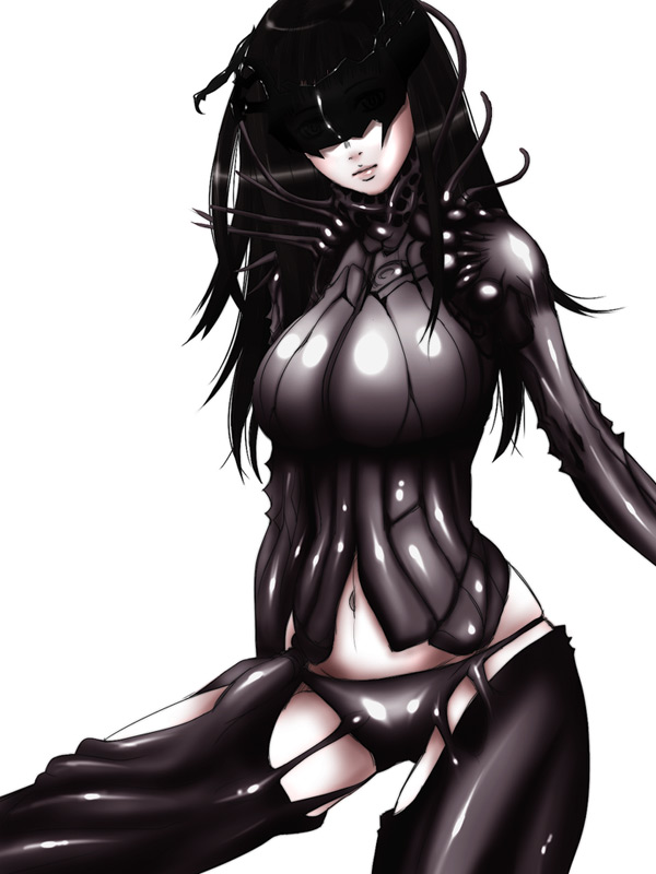 nyaldee, yoshino, yoshinon, biomega, visor, bad id, bad pixiv id, 1girl, black hair, breasts, female focus, formal clothes, large breasts, medium hair, panties, simple background, solo, stomach, suit, thighhighs, underwear