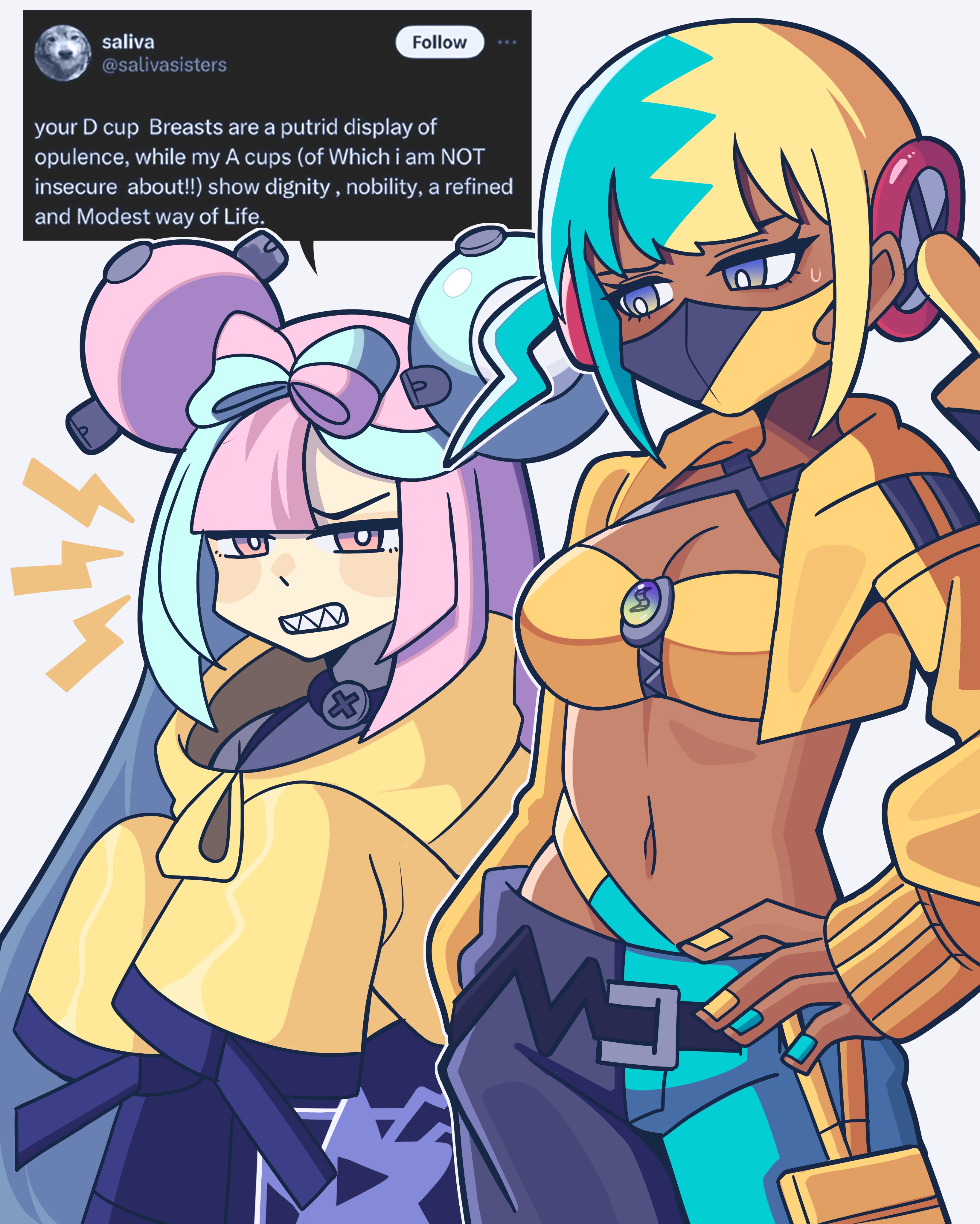 bobamiruku, canari (pokemon), iono (pokemon), nintendo, pokemon, pokemon legends: z-a, pokemon sv, twitter, absurdres, highres, 2girls, bandeau, black mask, blonde hair, blue eyes, blue hair, blue nails, breasts, bright pupils, center-flap bangs, cleavage, criss-cross halter, english text, fake hair bun, grey eyes, halterneck, jacket, large breasts, long hair, long sleeves, looking at another, mask, mouth mask, multicolored hair, multiple girls, navel, pants, pink eyes, pink hair, screenshot inset, sharp teeth, short hair, short twintails, sleeves past fingers, sleeves past wrists, speech bubble, split-color hair, sweatdrop, teeth, twintails, two-tone mask, white pupils, yellow bandeau, yellow jacket, yellow mask, yellow nails