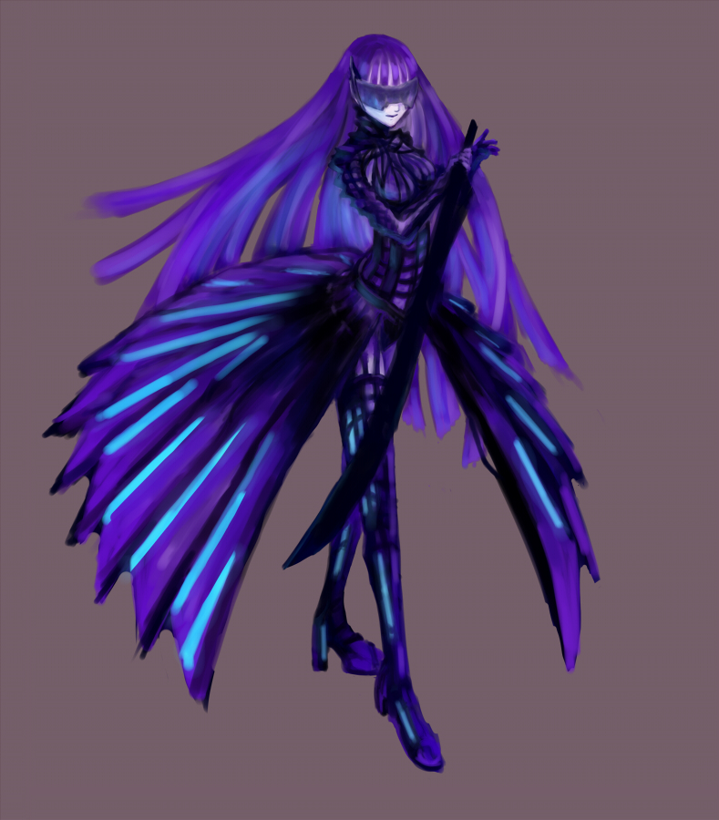 roncele, nyaldee, biomega, visor, bad id, bad pixiv id, armor, brown background, holding, holding sword, holding weapon, purple theme, simple background, solo, standing, sword, weapon