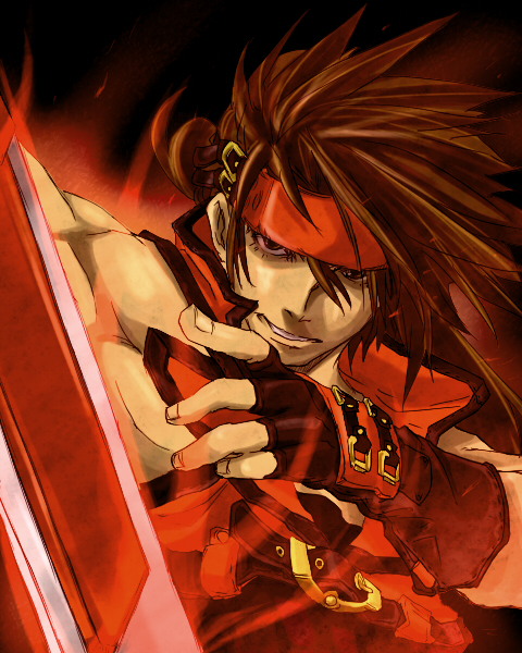 kuroi 7, sol badguy, arc system works, guilty gear, 1boy, belt, brown eyes, brown hair, fingerless gloves, gloves, grin, headband, male focus, muscular, smile, solo, sword, weapon