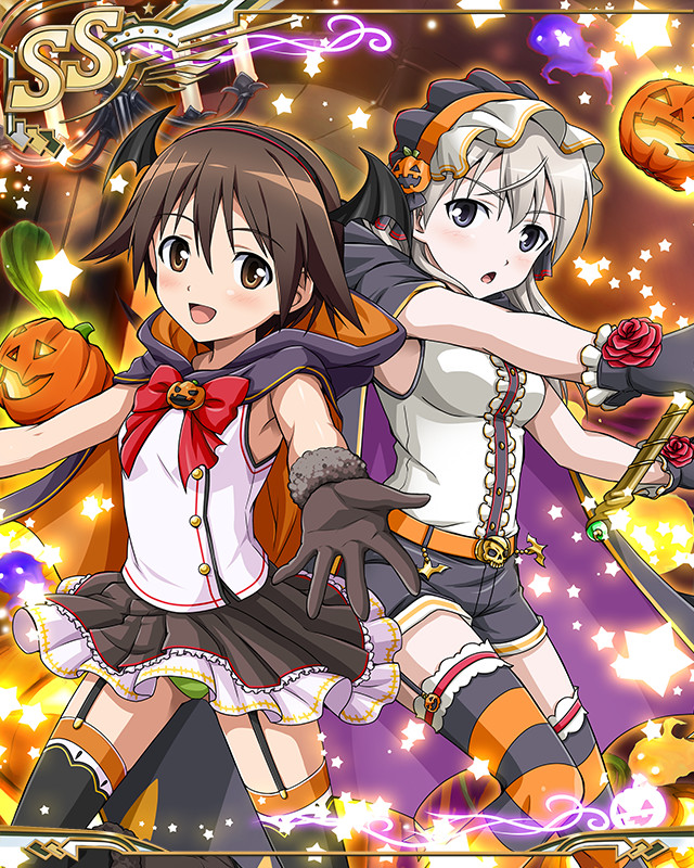 eila ilmatar juutilainen, miyafuji yoshika, strike witches, world witches series, artist request, official art, 2girls, alternate costume, black bow, black gloves, black shorts, black skirt, blue eyes, blush, bow, breasts, brown eyes, brown hair, cape, feet out of frame, gloves, grey hair, hair ornament, halloween, halloween costume, jack-o'-lantern, long hair, long sleeves, looking at viewer, medium breasts, multiple girls, official alternate costume, open mouth, panties, pumpkin, shirt, short hair, shorts, skirt, small breasts, standing, striped clothes, striped thighhighs, thighhighs, underwear, white panties, white shirt