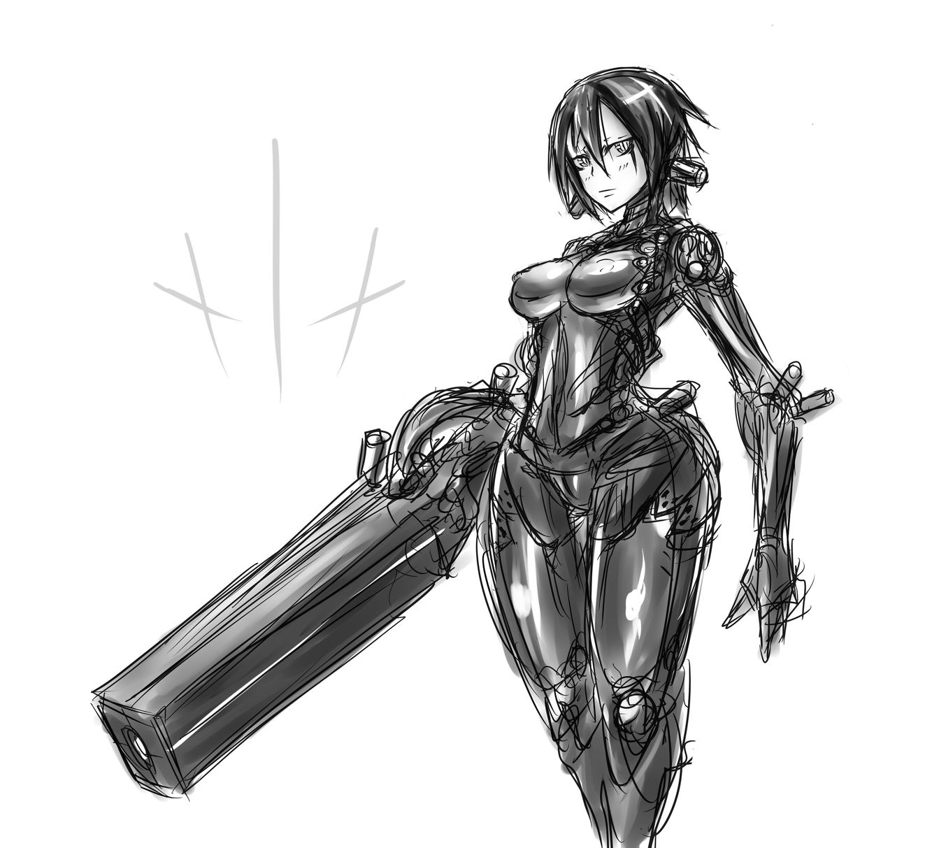 tagane, sanakan, blame!, bad id, bad pixiv id, highres, 1girl, arm cannon, breasts, female focus, greyscale, monochrome, short hair, solo, weapon