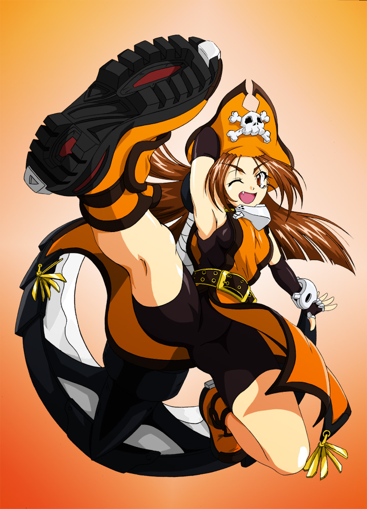 miyabi mt-b, may (guilty gear), arc system works, guilty gear, 1girl, bike shorts, brown hair, female focus, hat, kicking, miyabiu00e2u02dcu2026mt.b, one eye closed, orange hat, orange shirt, pirate, shirt, solo, wink