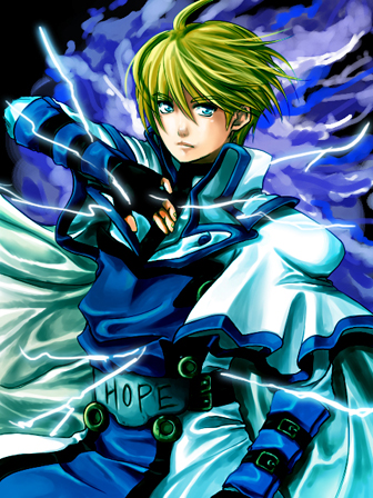 rhapsody1120, ky kiske, arc system works, guilty gear, lowres, blonde hair, blue eyes, cape, electricity, gloves, male focus, solo