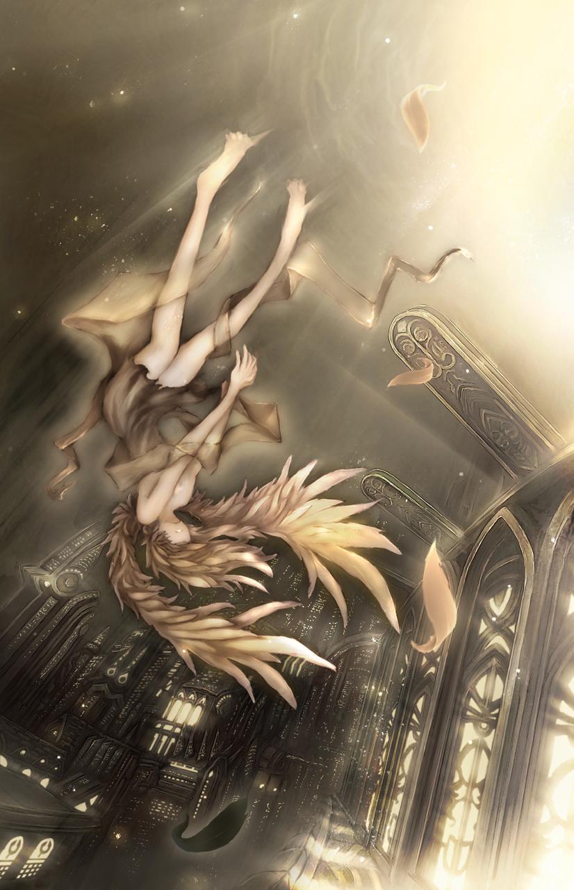 taron (tatataron), bad id, bad pixiv id, highres, angel, barefoot, brown hair, float, floating, solo, upside-down, window, wings
