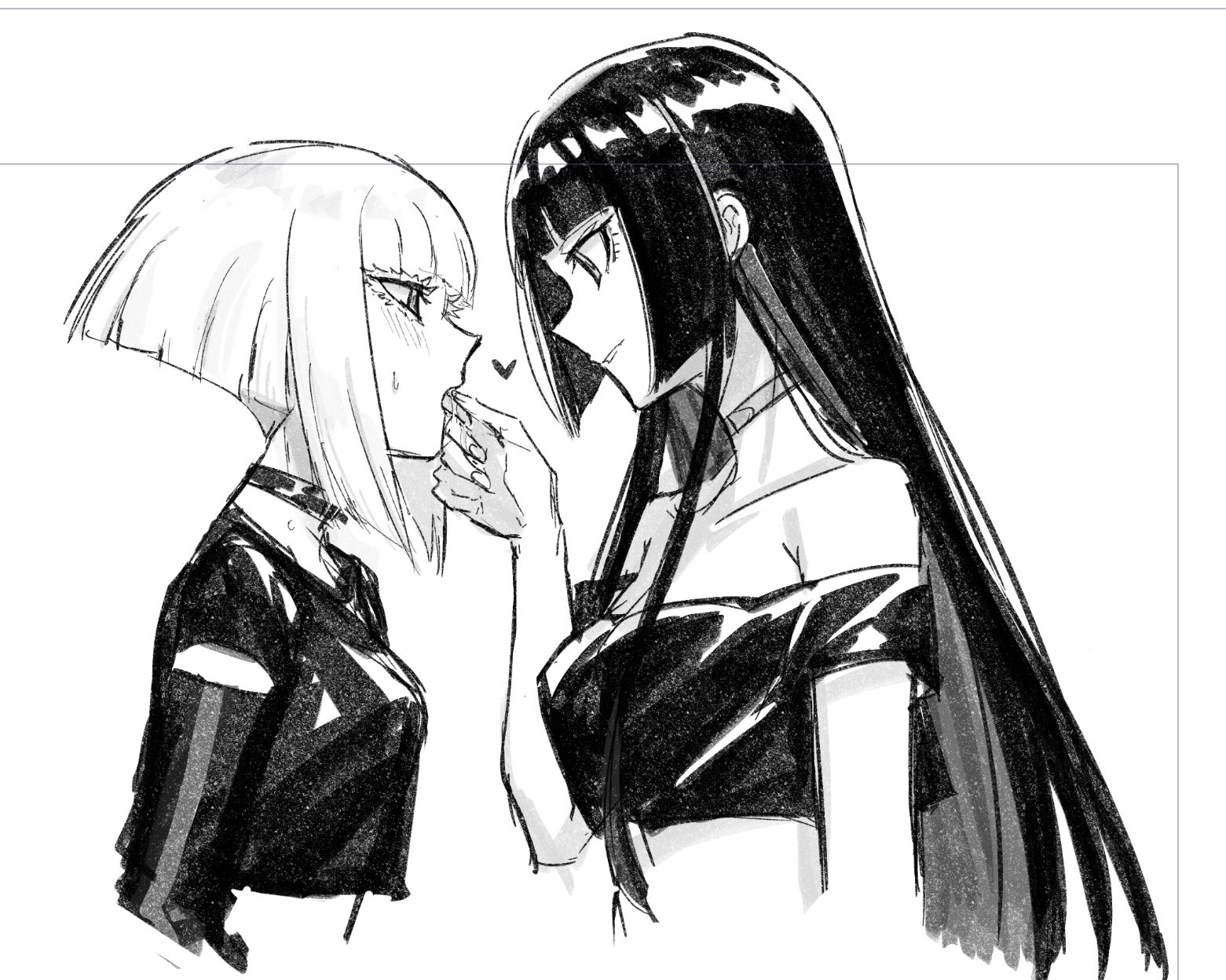 aoki shizumi, kurogane otoha, shiraya tamaki, rock wa lady no tashinami deshite, highres, 2girls, bare shoulders, blush, choker, crop top, finger in another's mouth, greyscale, heart, long hair, monochrome, multiple girls, off shoulder, parted lips, saliva, short hair with long locks, thick eyelashes, yuri