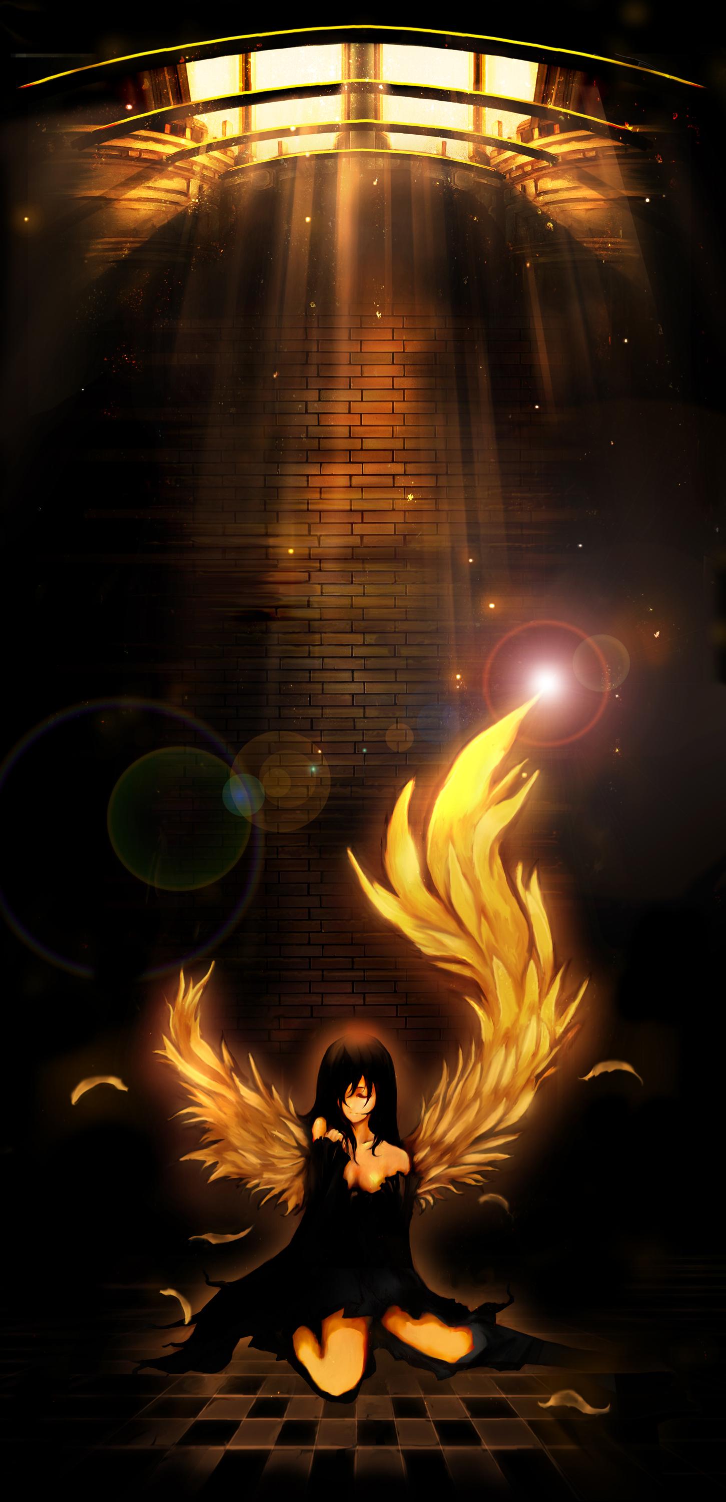 taron (tatataron), pixiv fantasia, pixiv fantasia 1, light, absurdres, bad id, bad pixiv id, highres, 1girl, black hair, breasts, closed eyes, dress, female focus, sitting, solo, stairs, wings