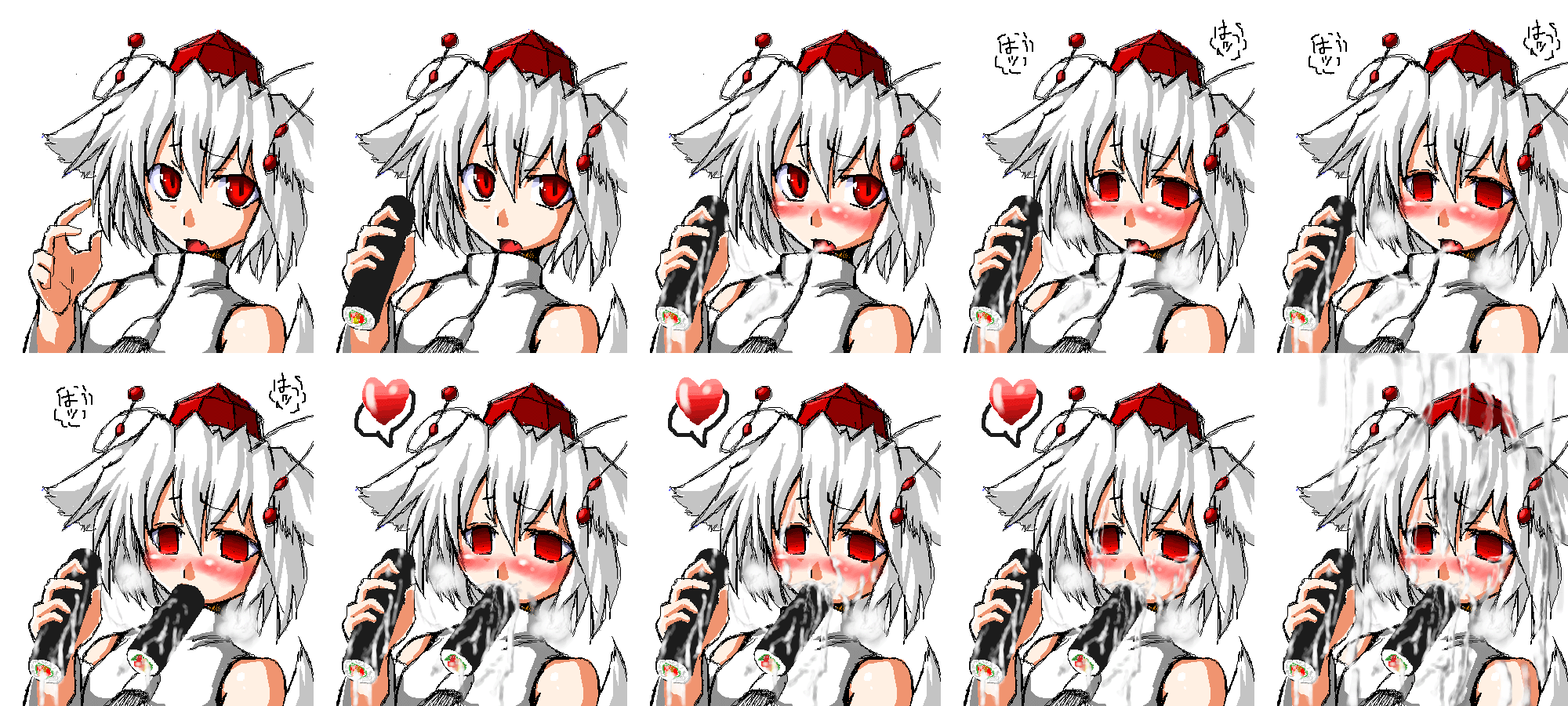 qoom, inubashiri momiji, touhou, highres, long image, wide image, 1girl, animal ears, blush, cum, empty eyes, female focus, food, hat, heart, makizushi, no pupils, open mouth, red eyes, sexually suggestive, short hair, solo, spoken heart, sushi, tail, tokin hat, upper body, white hair