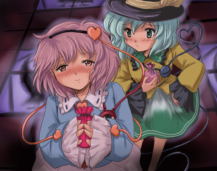 flx, komeiji koishi, komeiji satori, touhou, 2girls, blush, female focus, green eyes, green hair, hair ornament, hairband, hat, multiple girls, purple hair, red eyes, short hair, siblings, sisters, third eye, white day