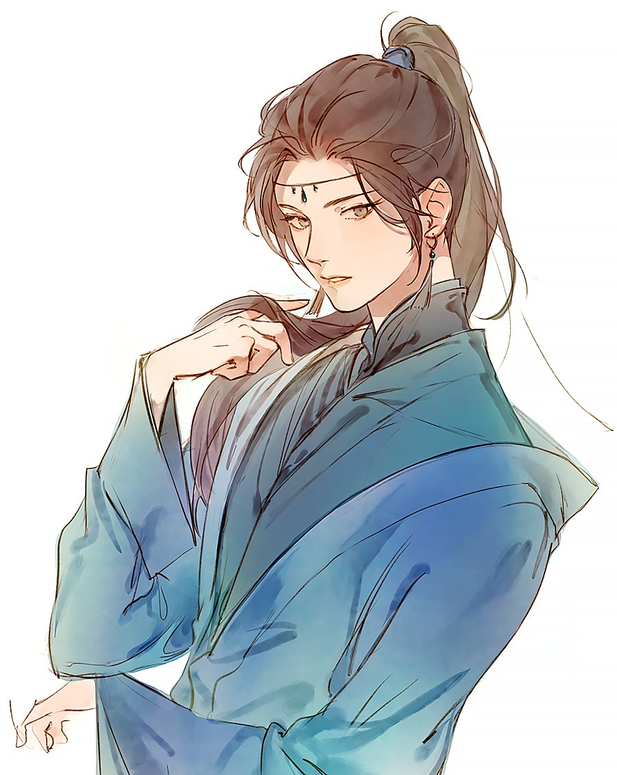 kkcoocool, erha he ta de bai mao shizun, 1boy, blue gemstone, blue hanfu, blue robe, brown eyes, brown hair, chinese clothes, circlet, earrings, forehead jewel, gem, hanfu, high collar, high ponytail, jewelry, long hair, long sleeves, male focus, parted lips, playing with own hair, ponytail, robe, simple background, solo, tassel, tassel earrings, upper body, white background, xue meng