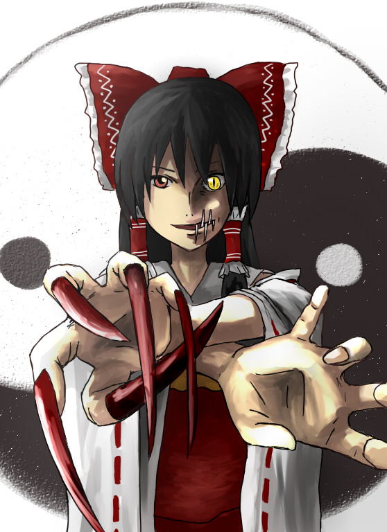 maybe0330, hakurei reimu, touhou, 1girl, claws, detached sleeves, dual persona, fangs, female focus, fingernails, heterochromia, japanese clothes, long fingernails, miko, nail (hardware), red eyes, ribbon, scar, sharp teeth, slit pupils, solo, stitches, teeth, upper body, white background, yellow eyes, yin yang