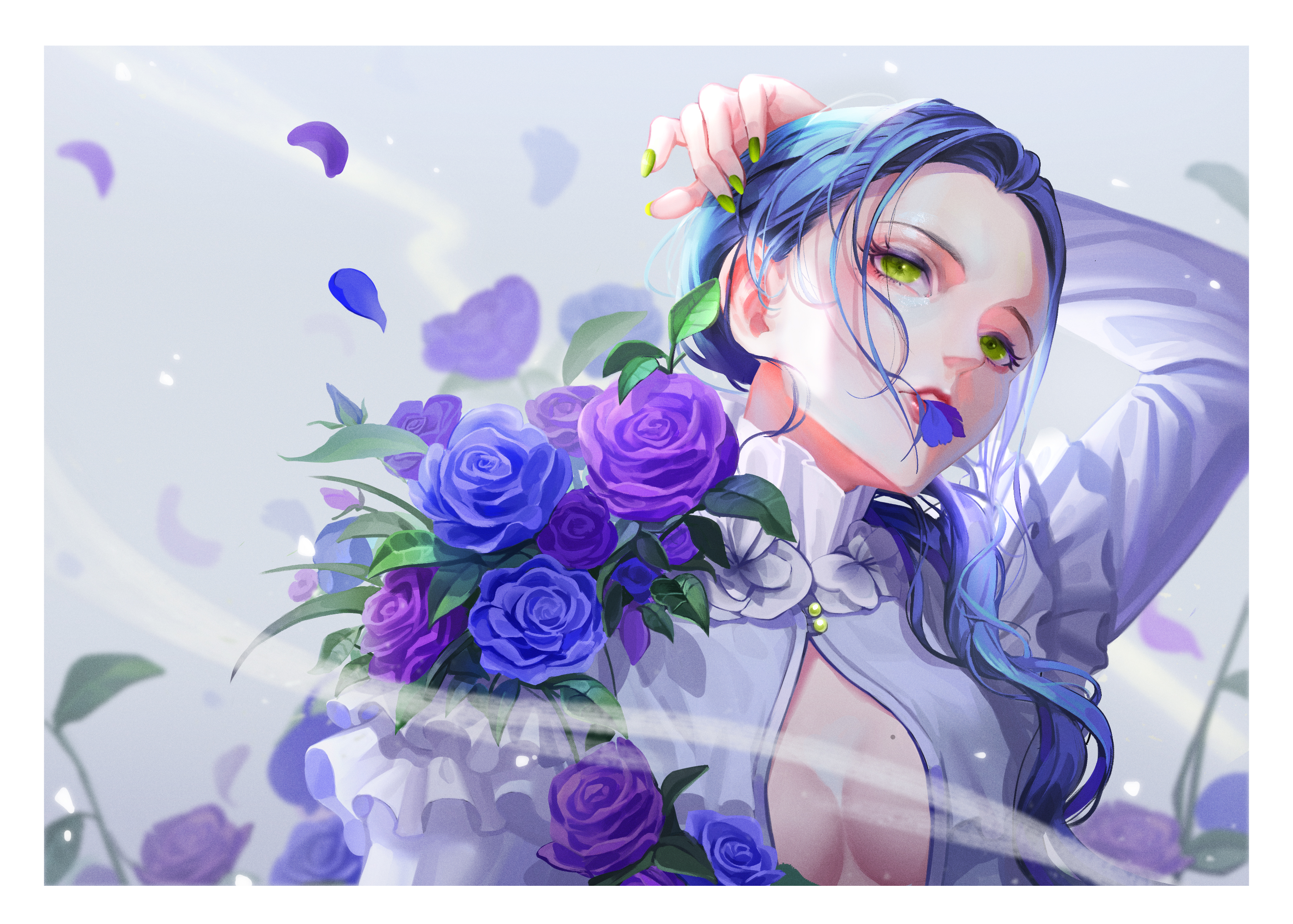doloyume, original, absurdres, commentary, english commentary, highres, 1girl, blue flower, blue hair, blue petals, blue rose, border, breasts, center opening, collar, eyelashes, eyeshadow, falling petals, fingernails, flower, green eyes, green nails, hair over shoulder, leaf, light particles, long fingernails, long hair, makeup, mole, mole on breast, mouth hold, nail polish, parted bangs, parted lips, petals, purple eyeshadow, purple flower, purple petals, purple rose, red lips, rose, solo, upper body, white border, wind