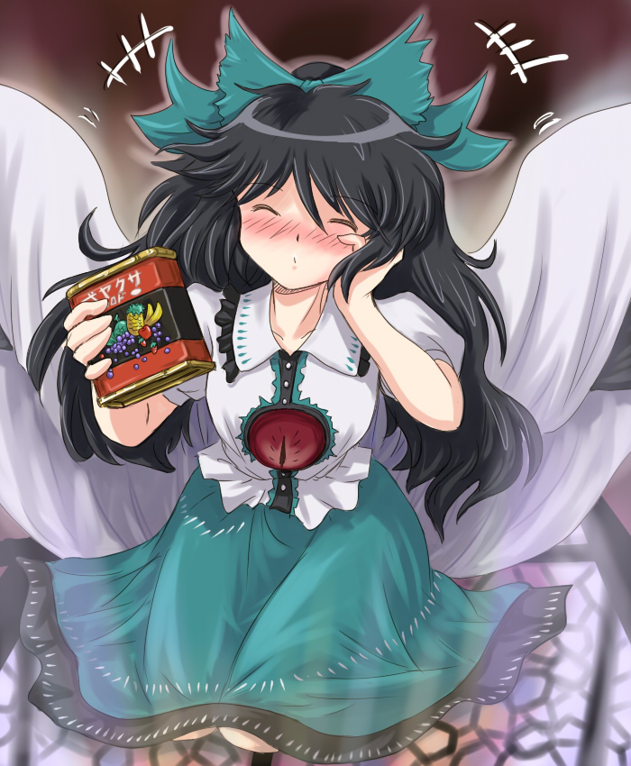 flx, reiuji utsuho, touhou, translated, 1girl, blush, can, candy, closed eyes, female focus, food, gradient background, skirt, solo
