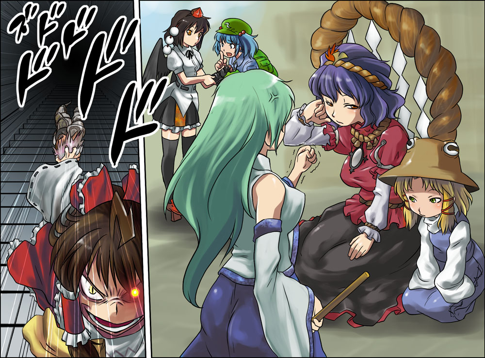 tomotsuka haruomi, buront, elvaan, hakurei reimu, kawashiro nitori, kochiya sanae, moriya suwako, shameimaru aya, yasaka kanako, final fantasy, final fantasy xi, the iron of yin and yang, touhou, 00s, 6+girls, ahoge, anger vein, breasts, comic, crazy, elf, female focus, gradient background, hat, multiple girls, pointy ears, skirt, smile, thighhighs