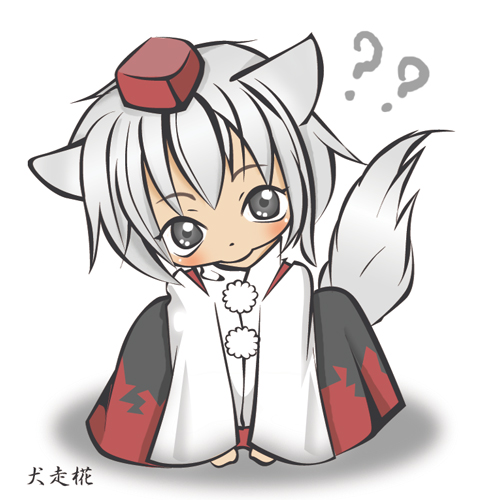 akira b, inubashiri momiji, touhou, bad id, bad pixiv id, lowres, 1girl, ?, animal ears, blush, character name, chibi, dog tail, female focus, grey eyes, grey hair, hat, solo, tail, tokin hat, wolf ears, wolf tail