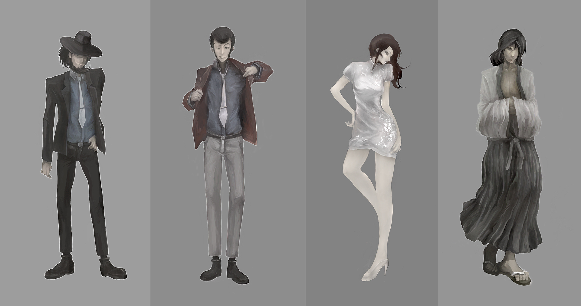 taron (tatataron), arsene lupin iii, ishikawa goemon xiii, jigen daisuke, mine fujiko, lupin iii, tms entertainment, bad id, bad pixiv id, highres, 1girl, 3boys, beard, black hair, brown hair, facial hair, formal clothes, hat, jacket, multiple boys, necktie, red jacket, sideburns, suit, white necktie