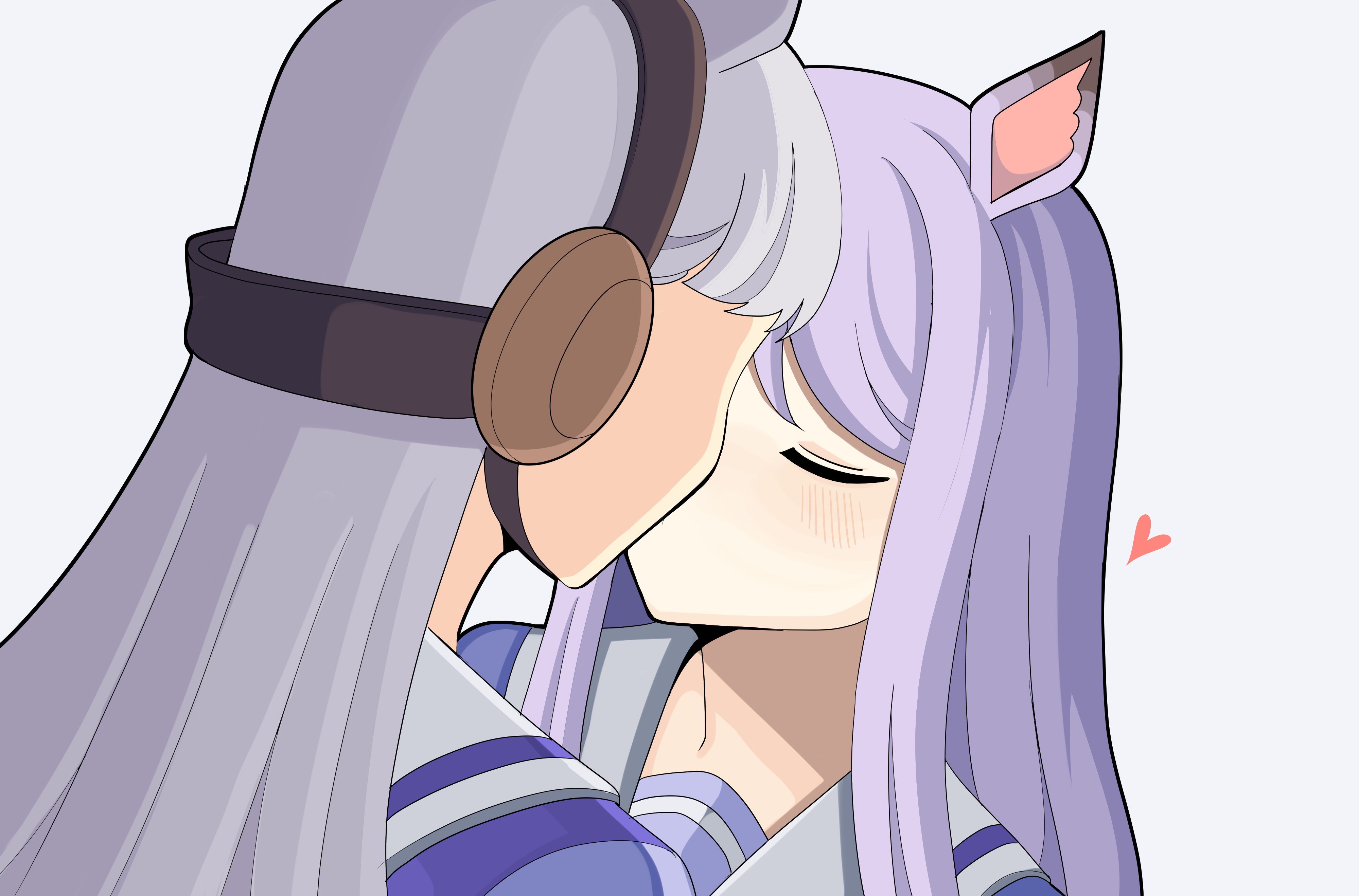 bobamiruku, gold ship (umamusume), mejiro mcqueen (umamusume), umamusume, absurdres, highres, 2girls, animal ears, blush, closed eyes, grey hair, heart, horse ears, horse girl, kiss, long hair, multiple girls, purple hair, school uniform, simple background, tracen school uniform, white background, yuri