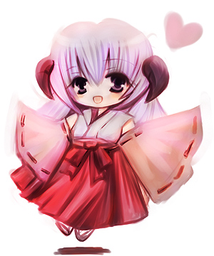 kiru (artist), hanyuu, higurashi no naku koro ni, lowres, 00s, 1girl, chibi, detached sleeves, female focus, hakama, hakama skirt, heart, horns, japanese clothes, long hair, miko, purple eyes, purple hair, red hakama, skirt, solo
