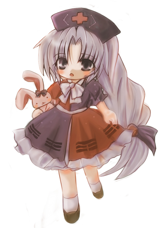 kiru (artist), yagokoro eirin, touhou, silver hair, 1girl, adapted costume, blue eyes, braid, child, female focus, full body, hair ribbon, hat, long hair, rabbit, ribbon, simple background, solo, stuffed animal, stuffed rabbit, stuffed toy, trigram, very long hair, white background