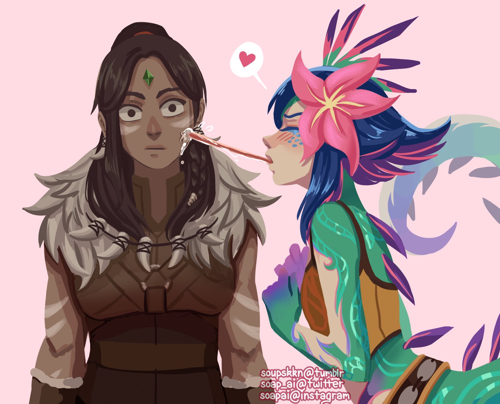 neeko (league of legends), nidalee, league of legends, tagme, 2girls, closed eyes, heart, long tongue, multiple girls, pink background, simple background, tongue, tongue out, yuri