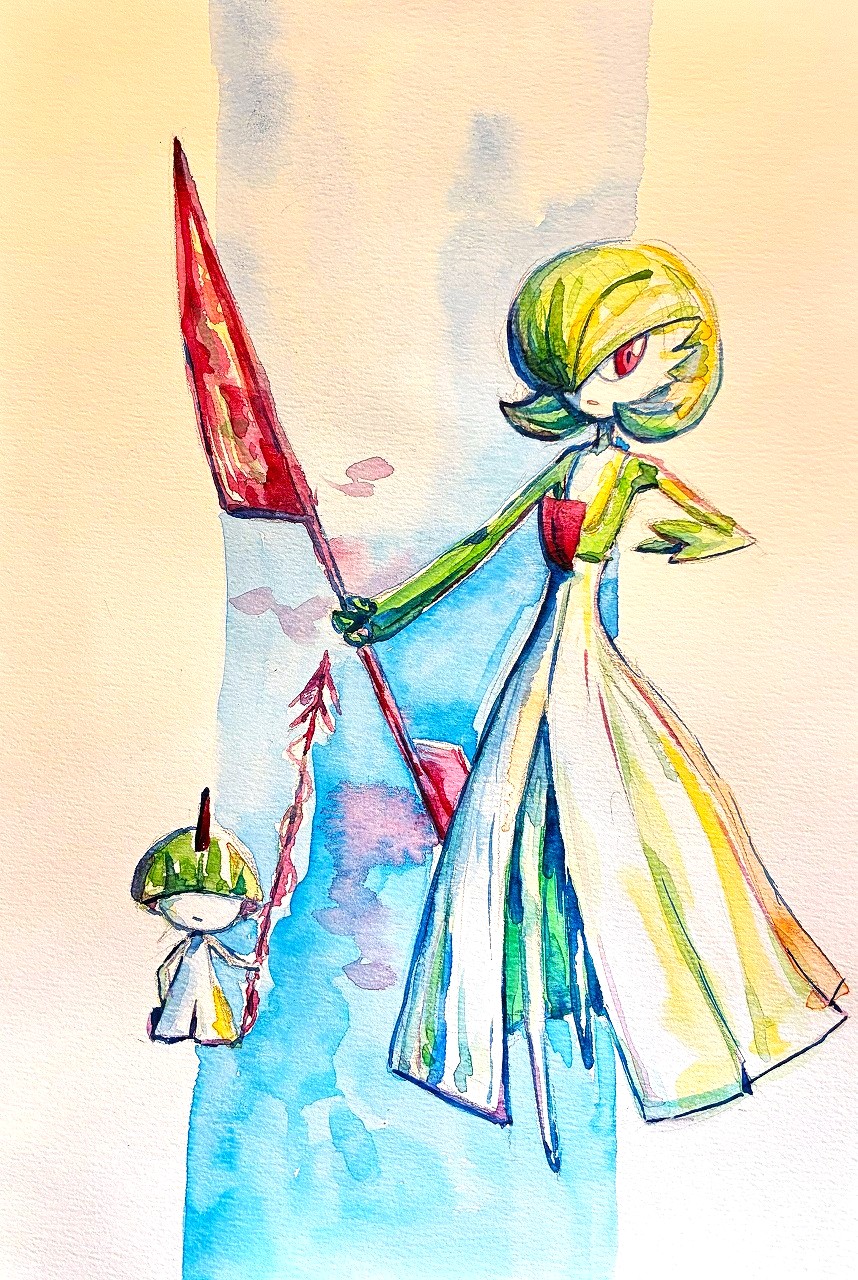 keishi (pixiv 1245064), gardevoir, iron valiant, nintendo, pokemon, painting (medium), traditional media, watercolor (medium), 1girl, 1other, blunt bangs, bob cut, borrowed weapon, bowl cut, closed mouth, colored skin, covered eyes, double blade, flat chest, full body, gen 3 pokemon, green hair, green skin, hair over eyes, hair over one eye, hand on own hip, hand up, holding, holding polearm, holding weapon, looking afar, multicolored skin, no feet, one eye covered, open mouth, pokemon (creature), polearm, red eyes, short hair, spear, standing, two-tone skin, weapon, white skin