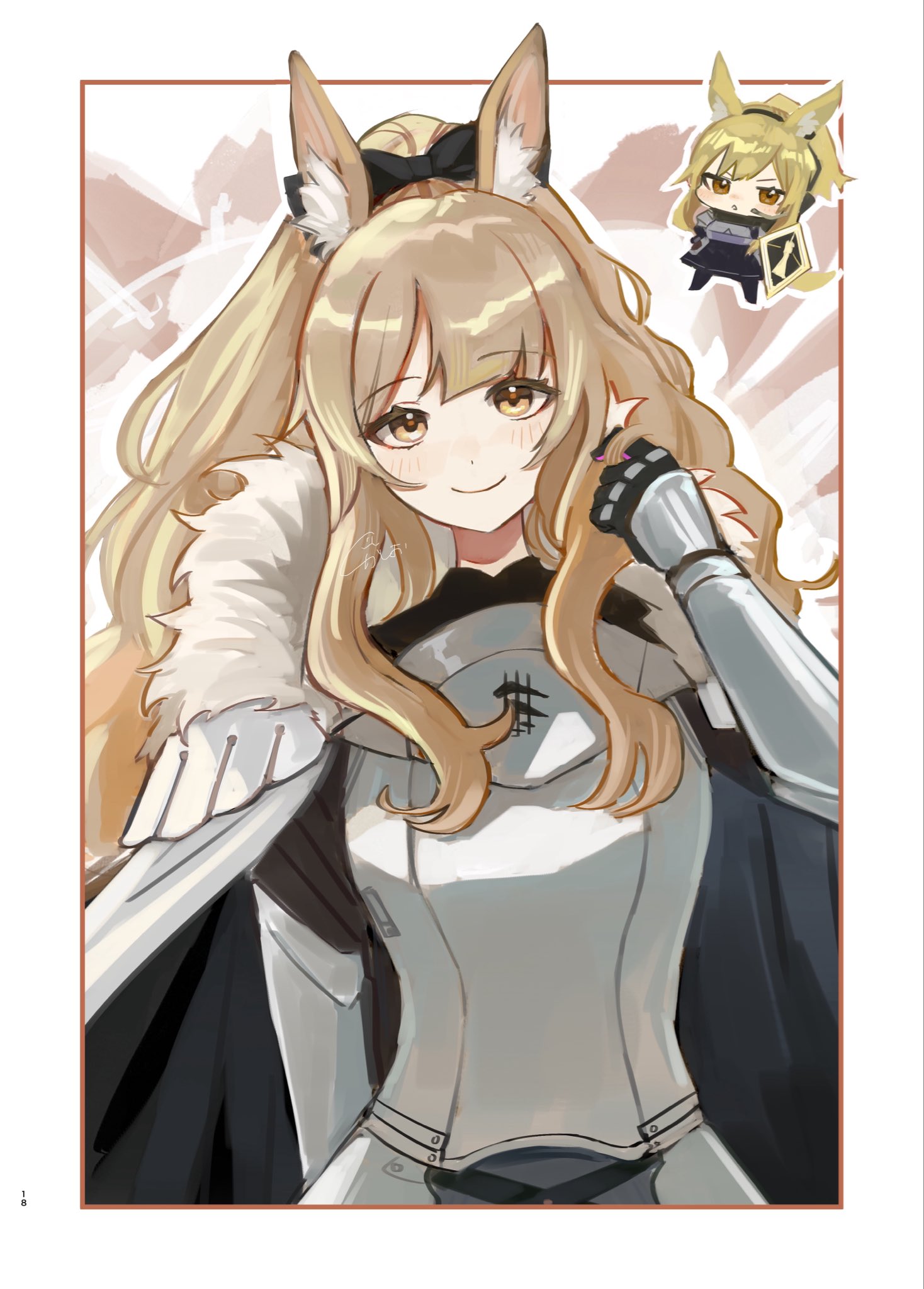 k-yosinori, blemishine (arknights), nearl (arknights), arknights, commentary, highres, revision, 1girl, animal ears, armor, black cape, border, brown eyes, brown hair, cape, chibi, chibi inset, closed mouth, dated, hand in own hair, hand up, long hair, looking at viewer, outside border, sidelocks, smile, solo, white border