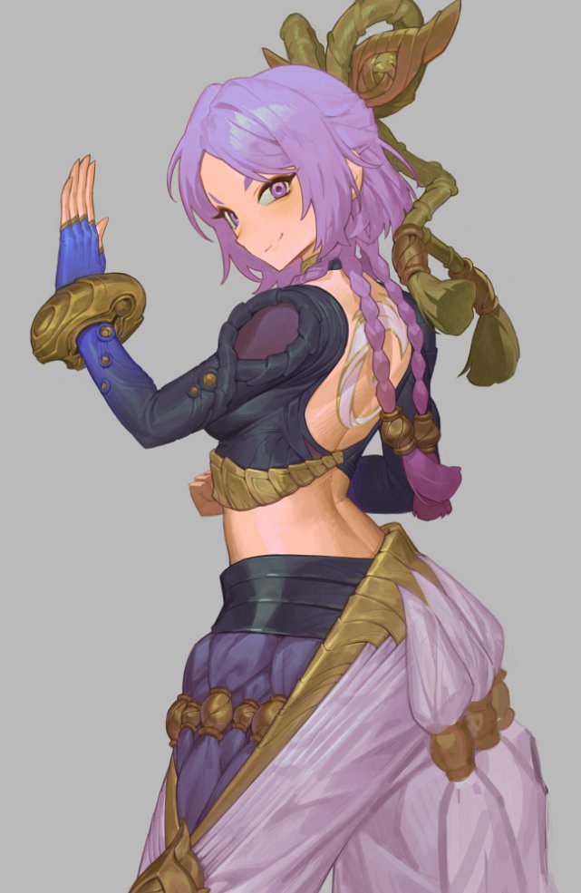 furrype4ch, yunara (league of legends), league of legends, 1girl, back tattoo, blue gloves, braid, clenched hand, cowboy shot, crop top, fingerless gloves, gloves, grey background, hand up, looking at viewer, multiple braids, purple eyes, purple hair, simple background, smile, solo, tattoo