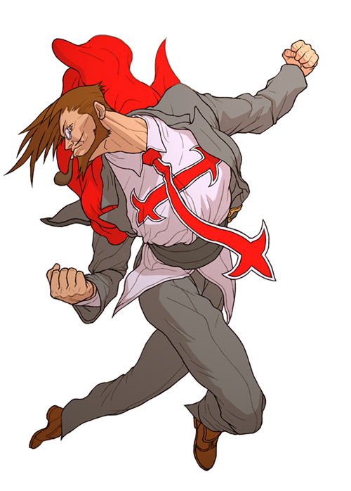 yamamiya hiroshi, slayer (guilty gear), arc system works, guilty gear, 1boy, cape, full body, male focus, manly, monocle, necktie, punching, simple background, smoking pipe, solo