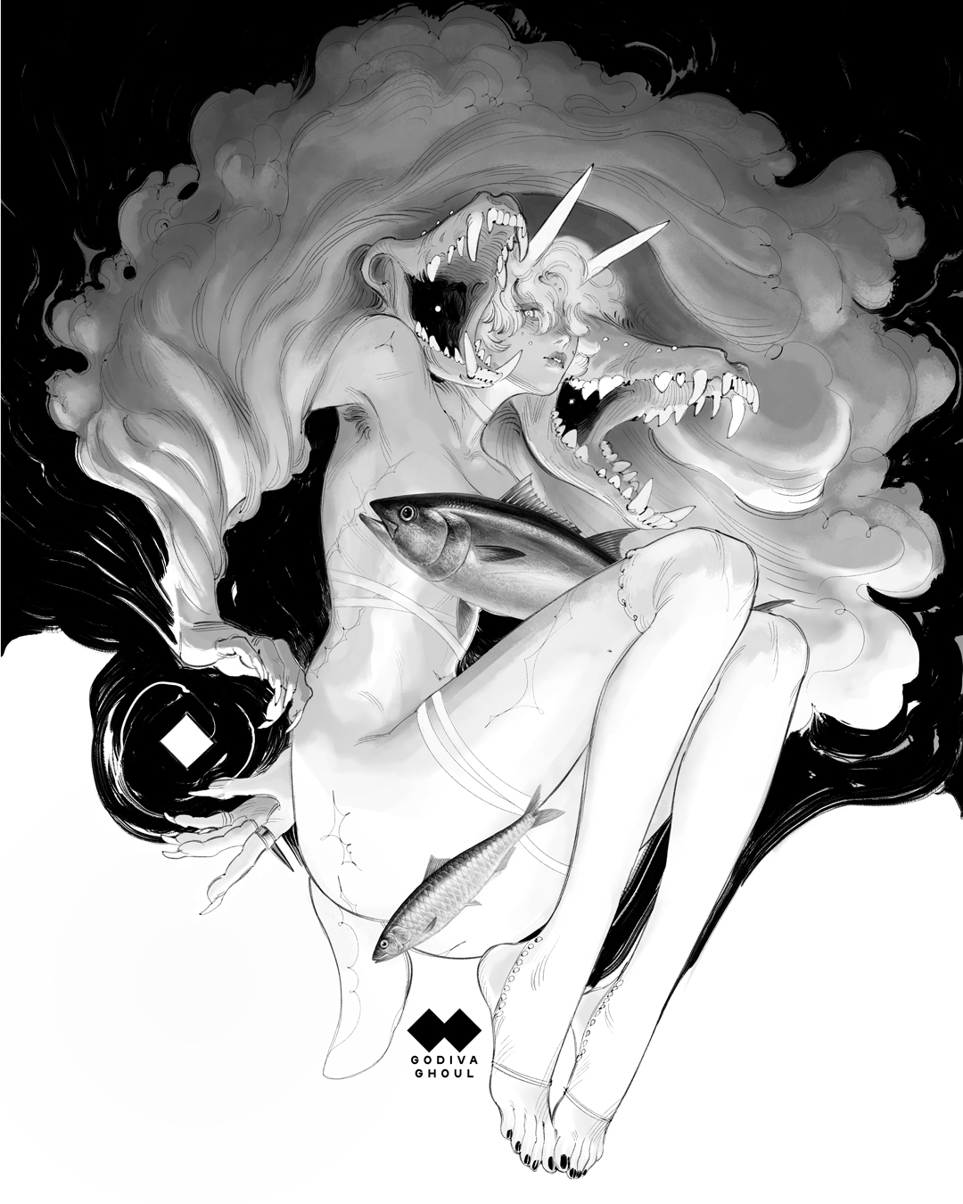 godiva ghoul, original, highres, 1girl, animal, arm behind back, arm support, armpit hair, artist logo, artist name, ass, barefoot, black background, breasts, choker, closed mouth, cloud clothes, convenient censoring, fangs, feet, fingernails, fish, floating hair, flying fish, full body, greyscale, hair between eyes, high contrast, horns, jewelry, kneehighs, knees up, legs together, lips, logo, long fingernails, looking ahead, monochrome, monster girl, multiple scars, nail polish, navel, nose, open hand, parted lips, ring, scar, sharp fingernails, sharp teeth, short hair, socks, solo, square, stirrup legwear, surreal, swirl, tail, teeth, thigh strap, toeless legwear, toenail polish, toenails, toes, white background