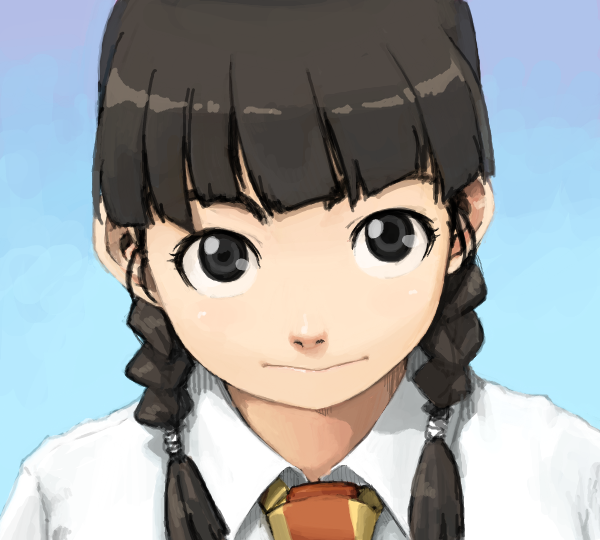 tachibana midori, tachibana roku, original, 1girl, black eyes, braid, brown hair, female focus, portrait, smile, solo, twin braids