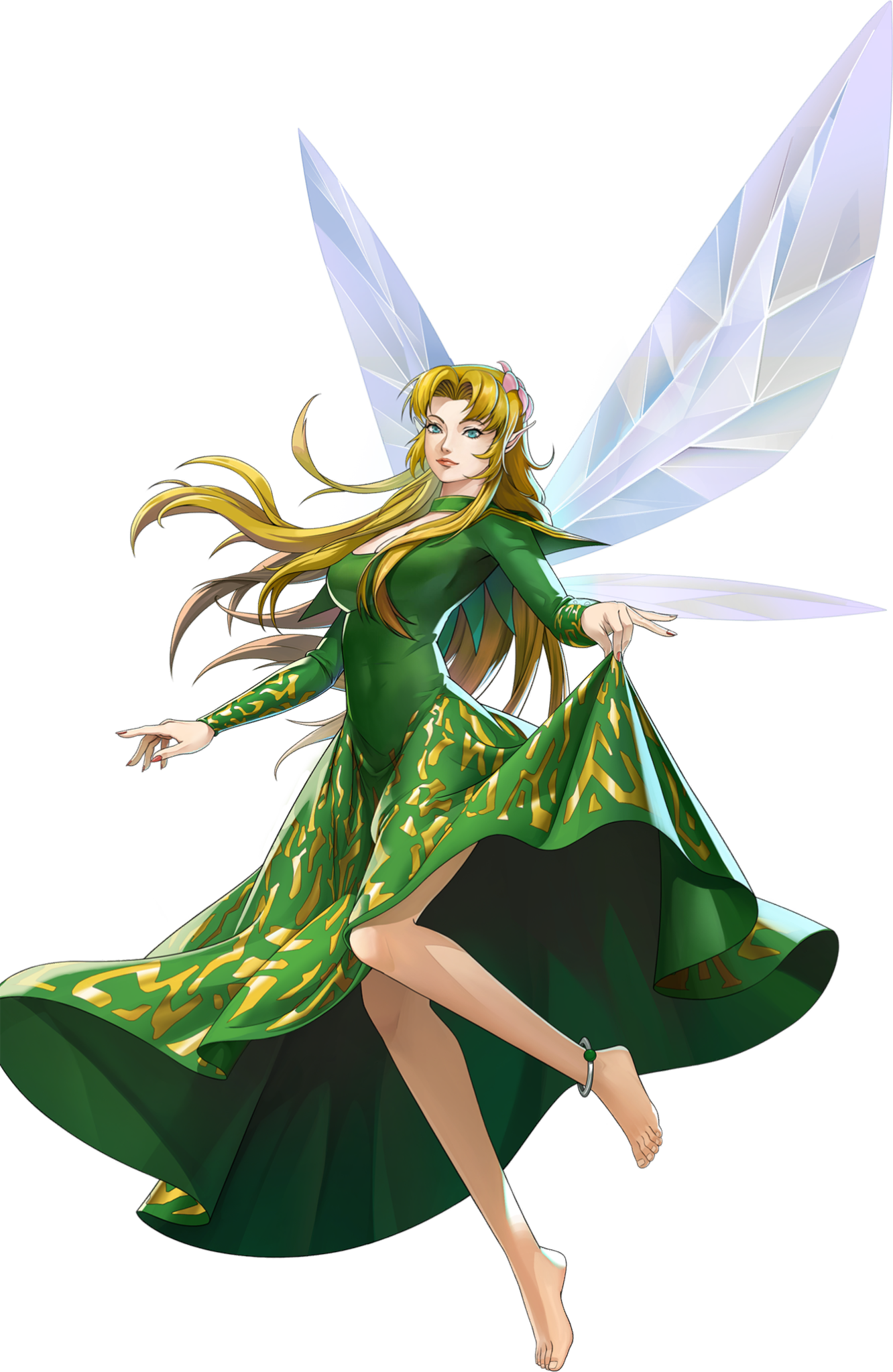 titania (megami tensei), persona, persona 5, persona 5: the phantom x, shin megami tensei, artist request, highres, official art, third-party source, 1girl, anklet, blonde hair, blue eyes, breasts, cleavage, demon (megami tensei), dress, flower, green dress, hair flower, hair ornament, jewelry, pink flower, pointy ears, red nails, skirt hold, solo, transparent background, wings