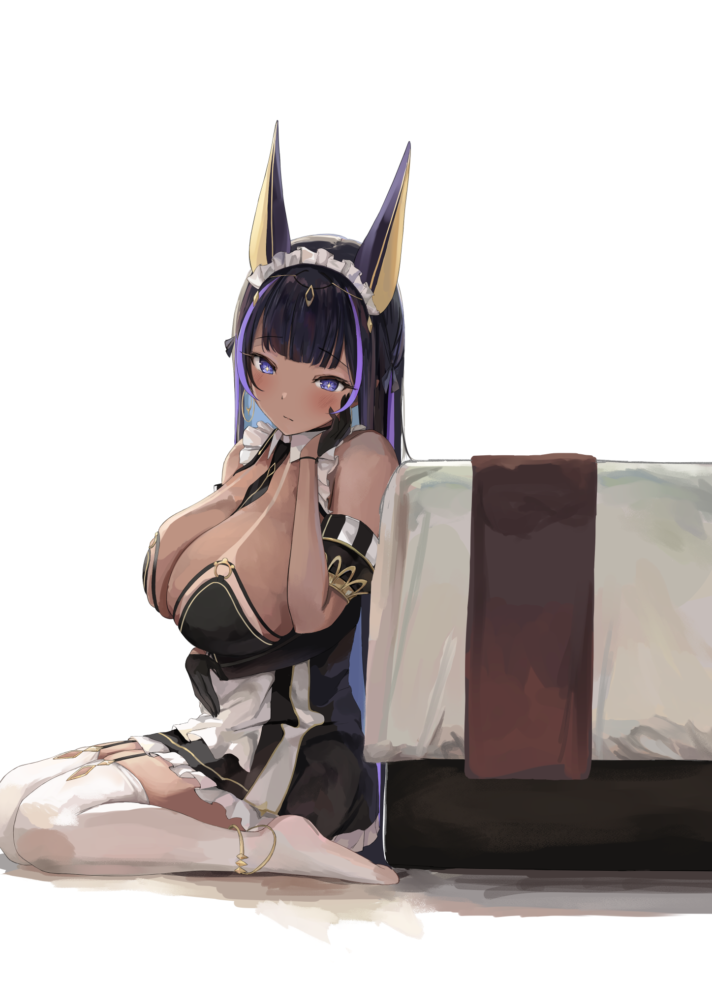 sherlock hime, cleopatra (azur lane), azur lane, commentary request, highres, 1girl, animal ears, bed, black gloves, black hair, breasts, colored inner hair, dark-skinned female, dark skin, gloves, hand on own cheek, hand on own face, huge breasts, jackal ears, jackal girl, kneeling, long hair, looking at viewer, maid headdress, multicolored hair, purple eyes, purple hair, simple background, solo, streaked hair, symbol-shaped pupils, tan, tanline, thighhighs, white background, white thighhighs